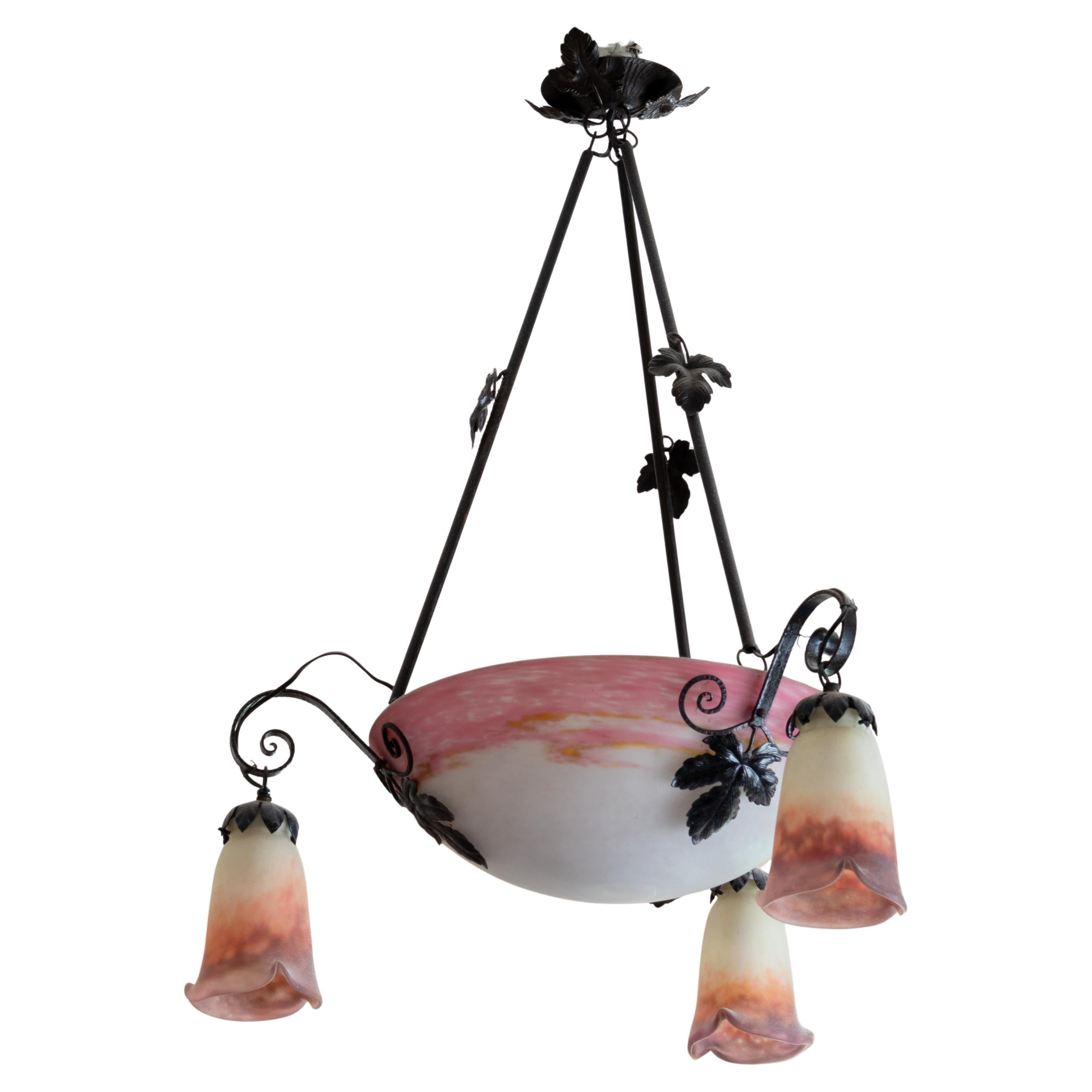 Art Deco Pink Glass Chandelier by Muller Freres For Sale