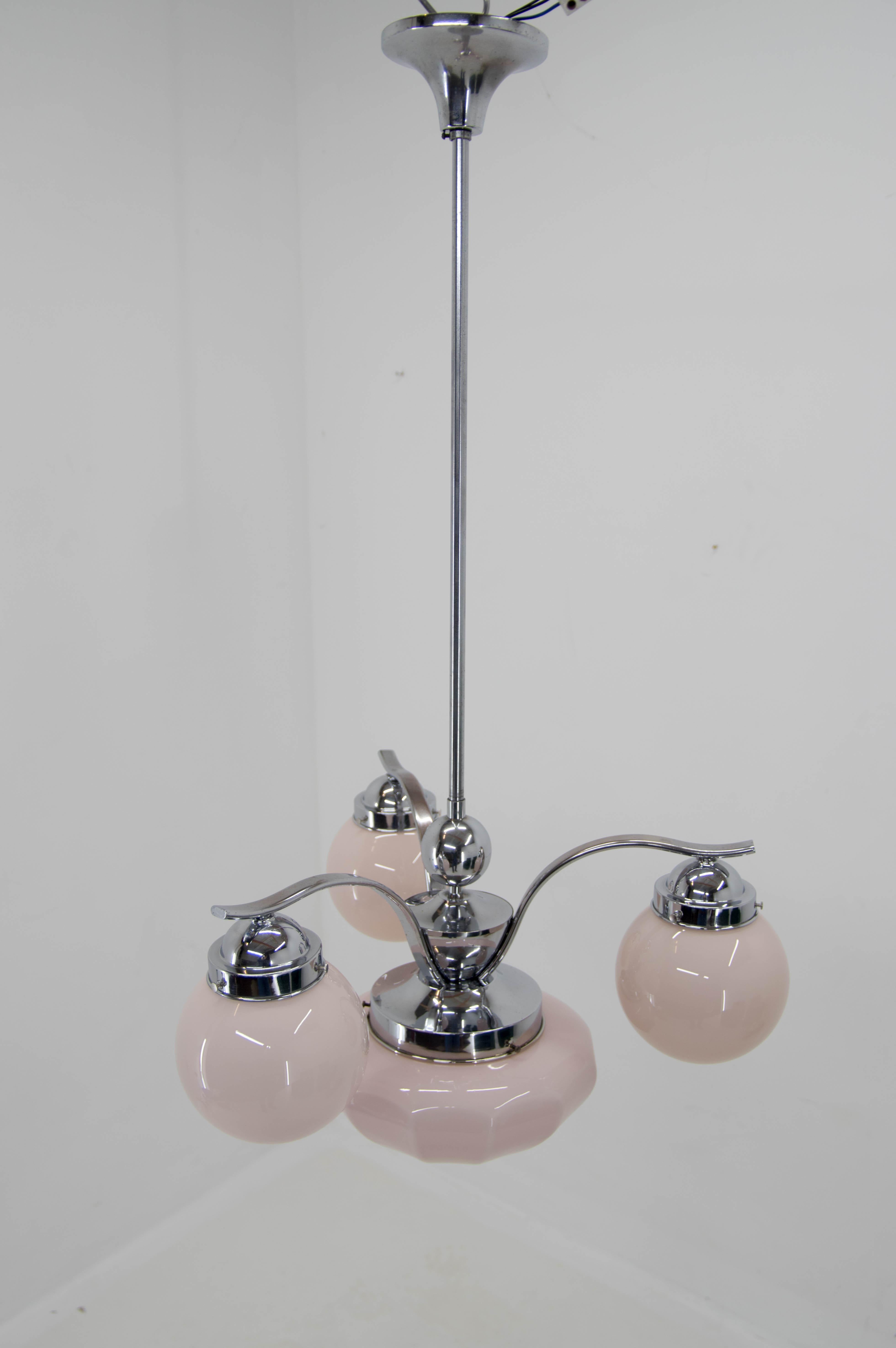 Czech Art Deco Pink Glass Chrome-Plated Chandelier, 1930s For Sale