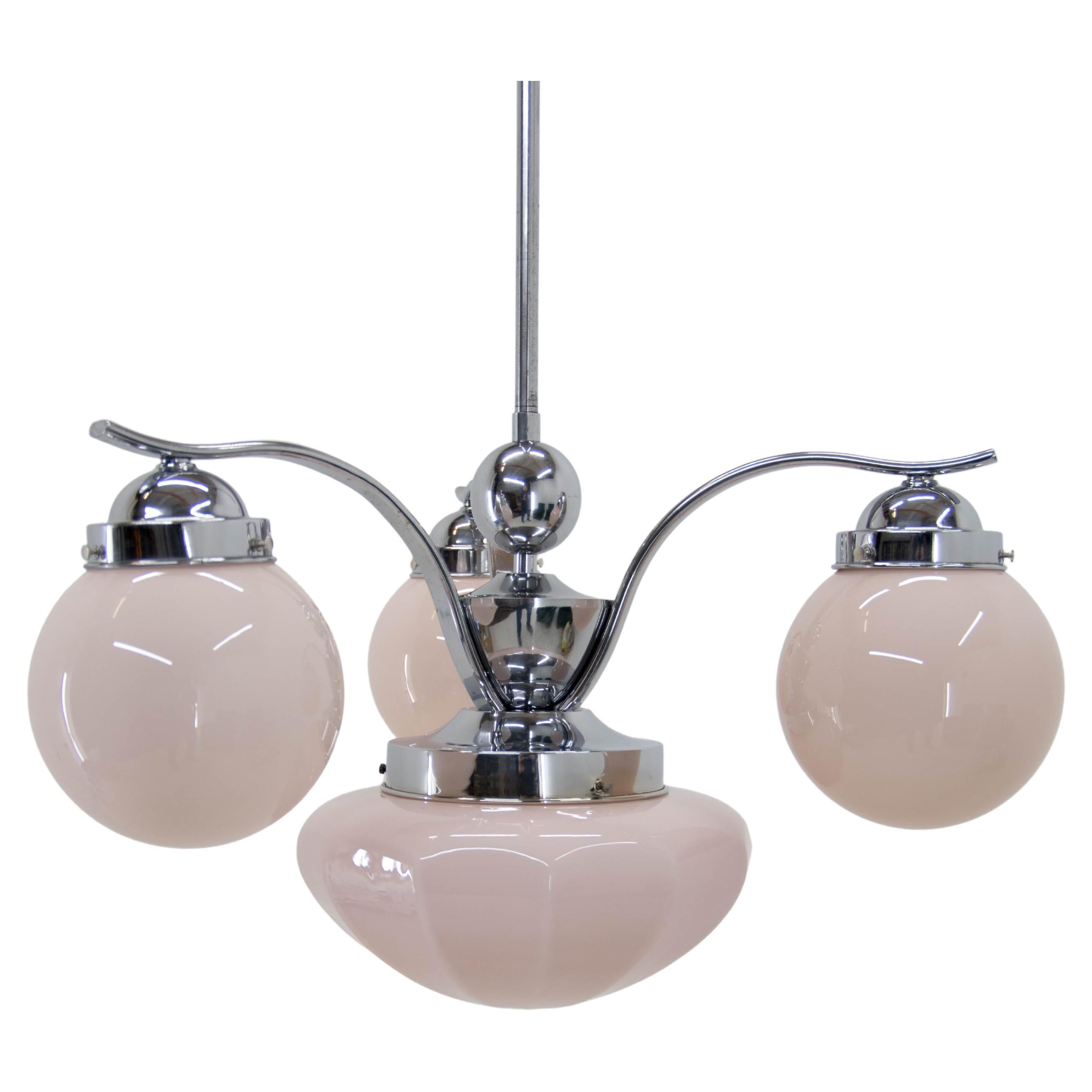 Art Deco Pink Glass Chrome-Plated Chandelier, 1930s For Sale
