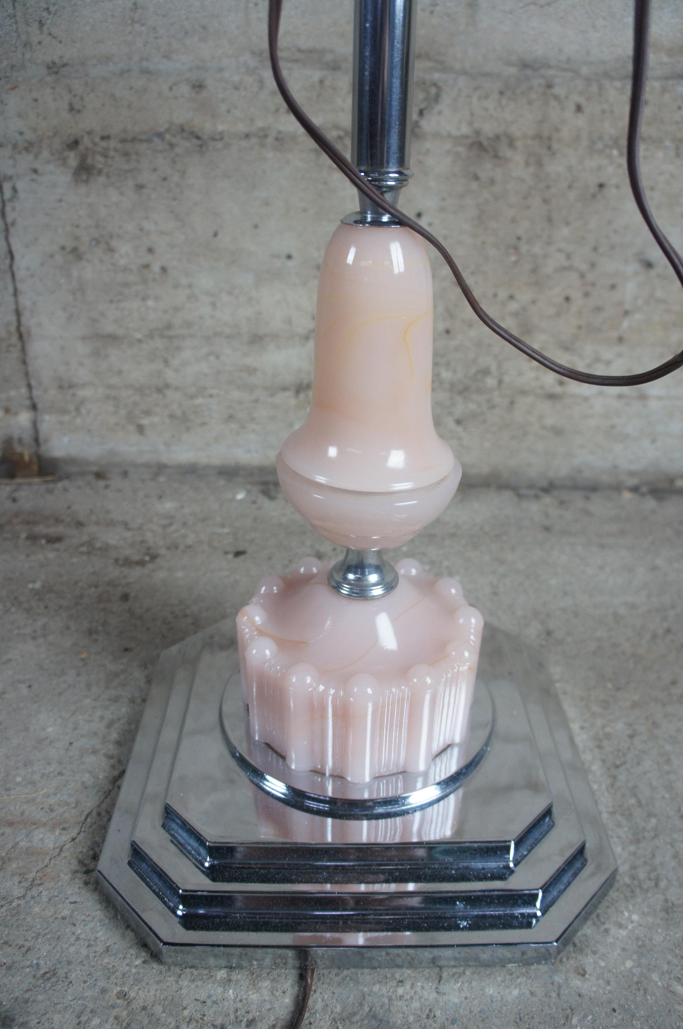 Art Deco Pink Glass & Chrome Smoking Table Gooseneck Lights Floor Lamp Ashtray In Good Condition In Dayton, OH