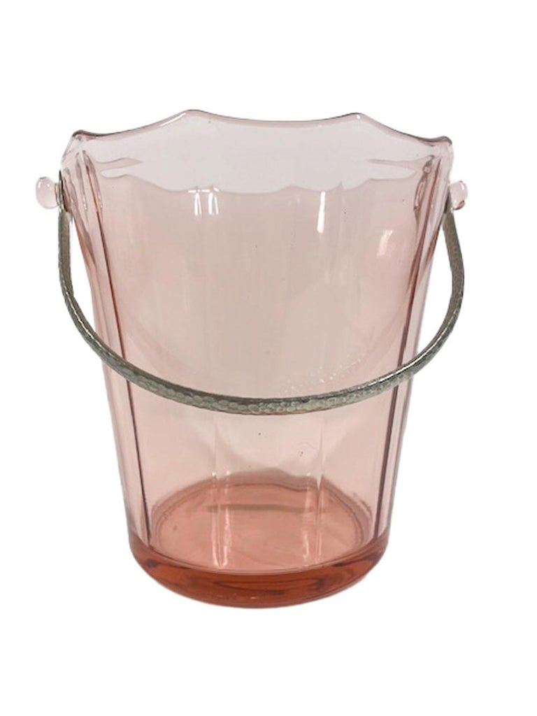 Metal Art Deco Pink Glass Ice Bucket by Cambridge Glass in the 'Elegant Glass' Pattern For Sale