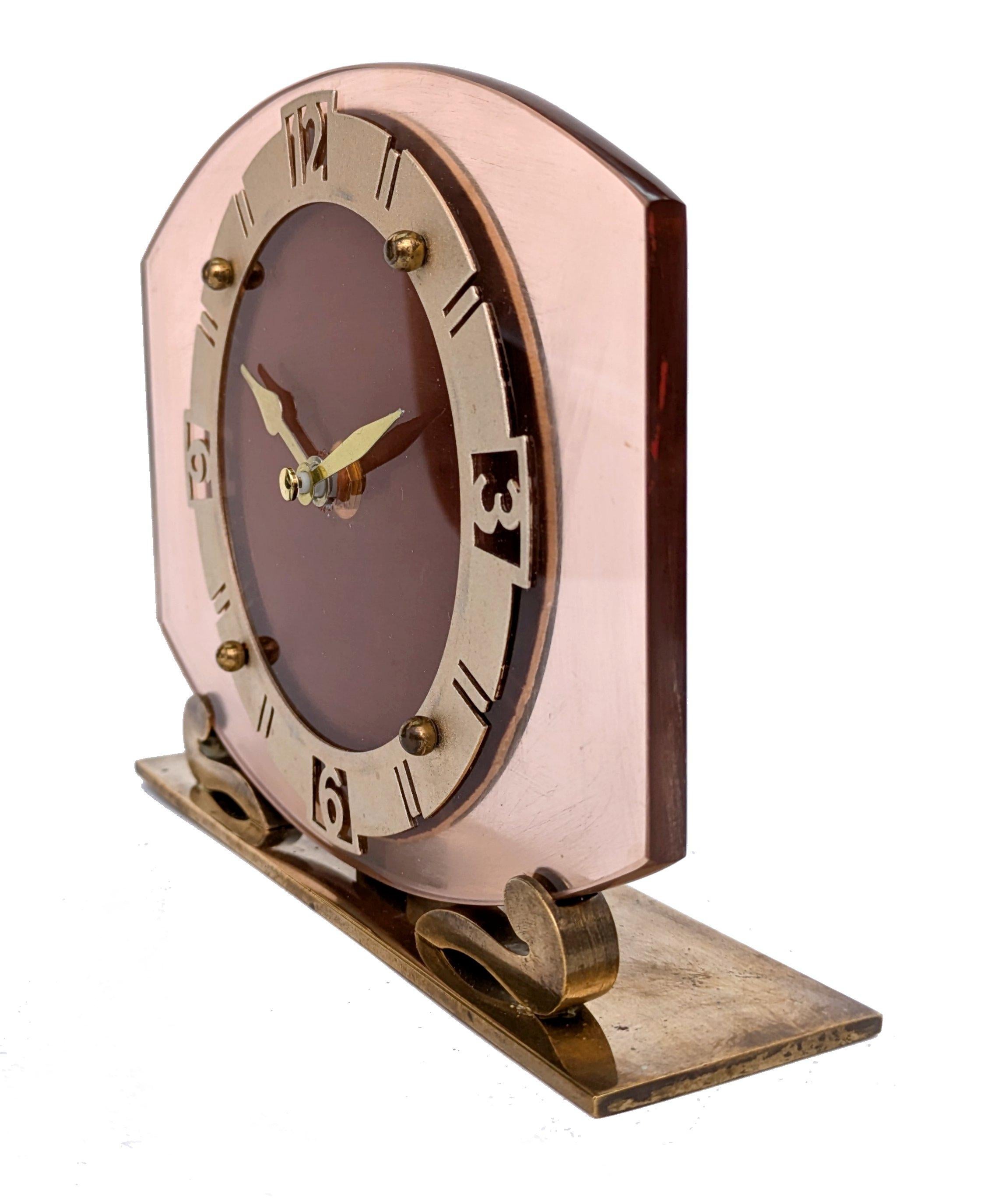 English Art Deco Pink Glass Mantle Clock By Smiths Clocks Ltd For Sale