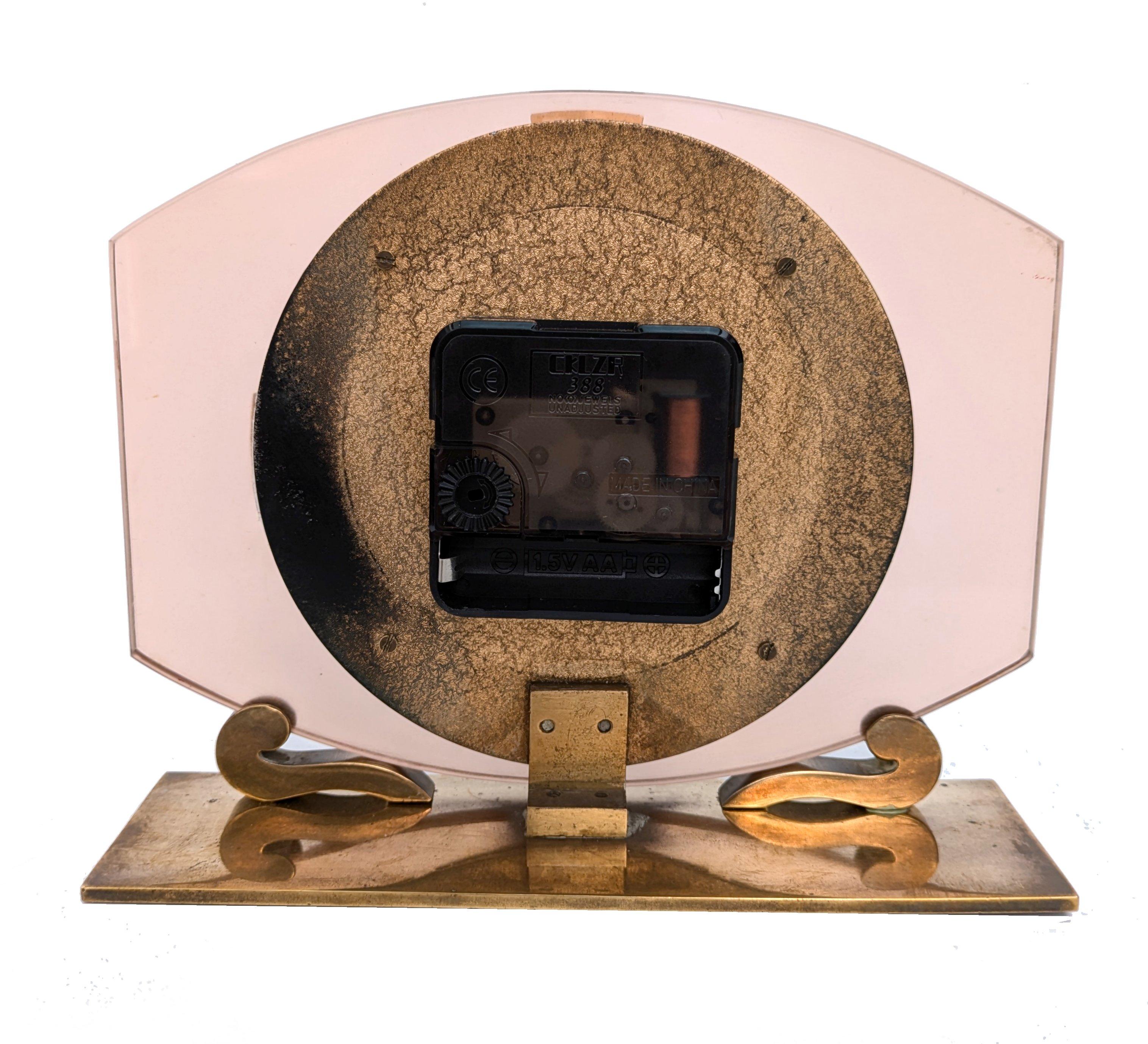 20th Century Art Deco Pink Glass Mantle Clock By Smiths Clocks Ltd For Sale