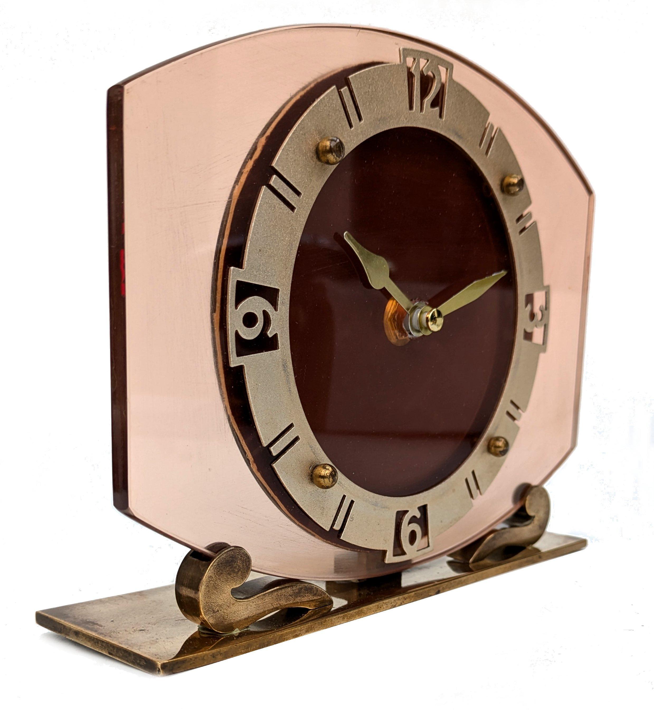 Brass Art Deco Pink Glass Mantle Clock By Smiths Clocks Ltd For Sale