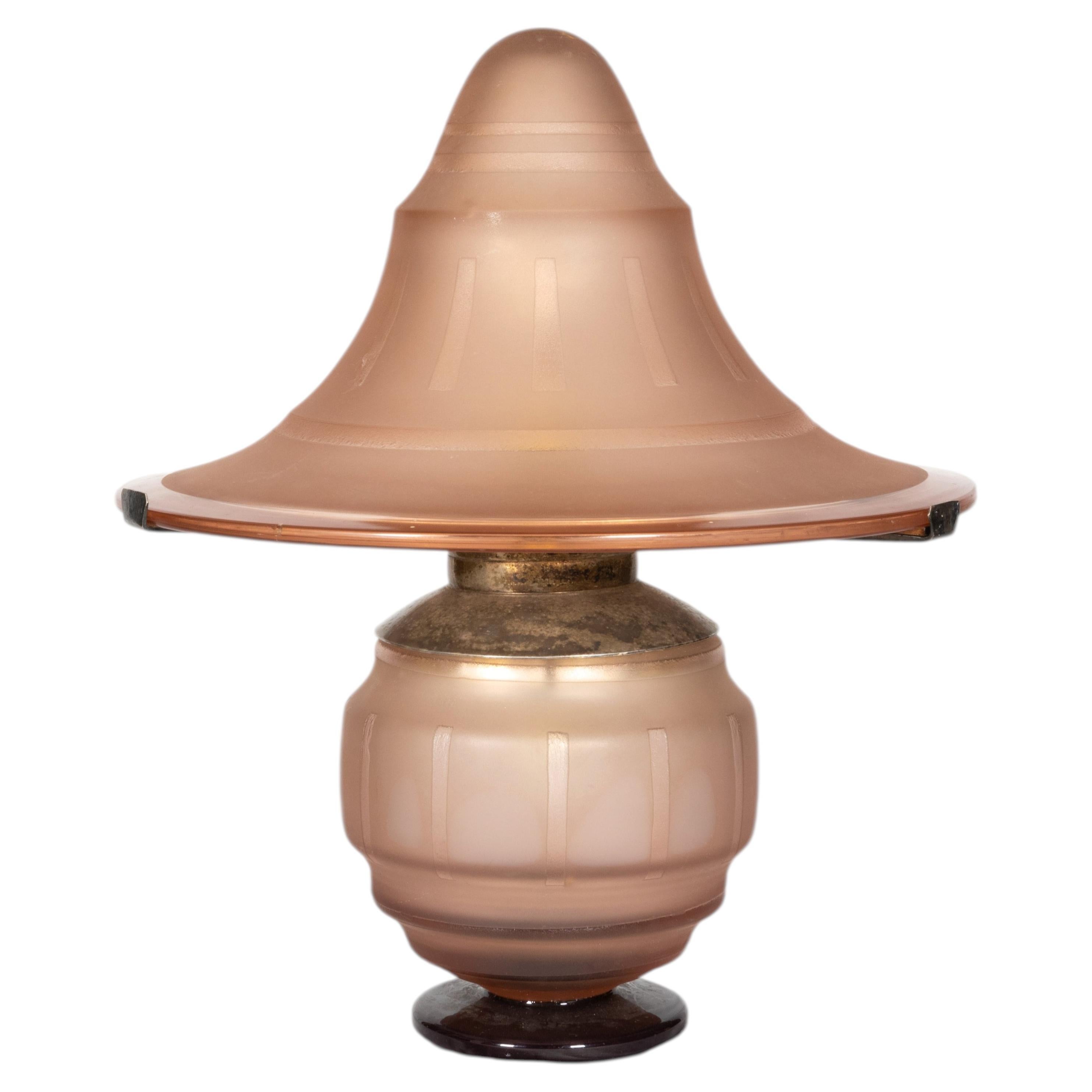 Art Deco Pink Glass Mushroom Table Lamp, France, 1930s