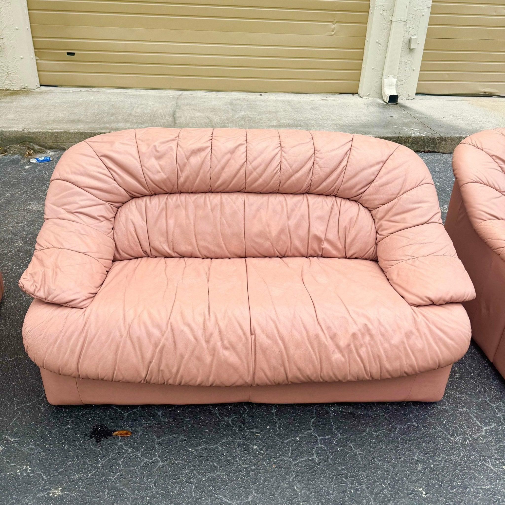 Art Deco Pink Leather Sofa, Love Seat and Lounge Chair Set - 3 Pieces In Good Condition In Delray Beach, FL