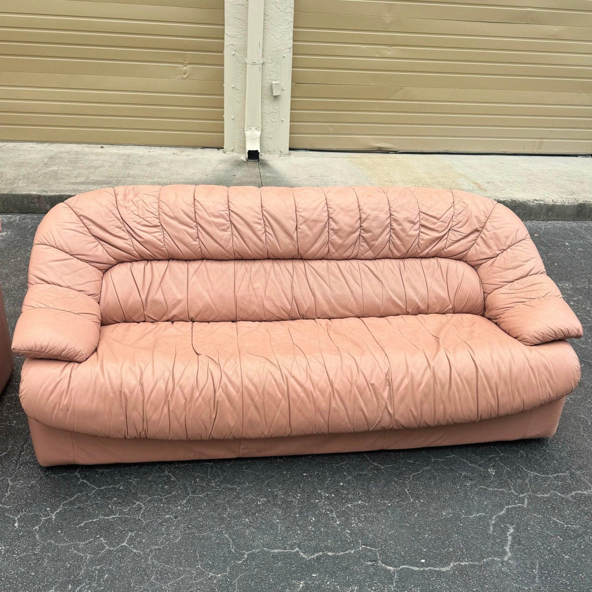 Late 20th Century Art Deco Pink Leather Sofa, Love Seat and Lounge Chair Set - 3 Pieces
