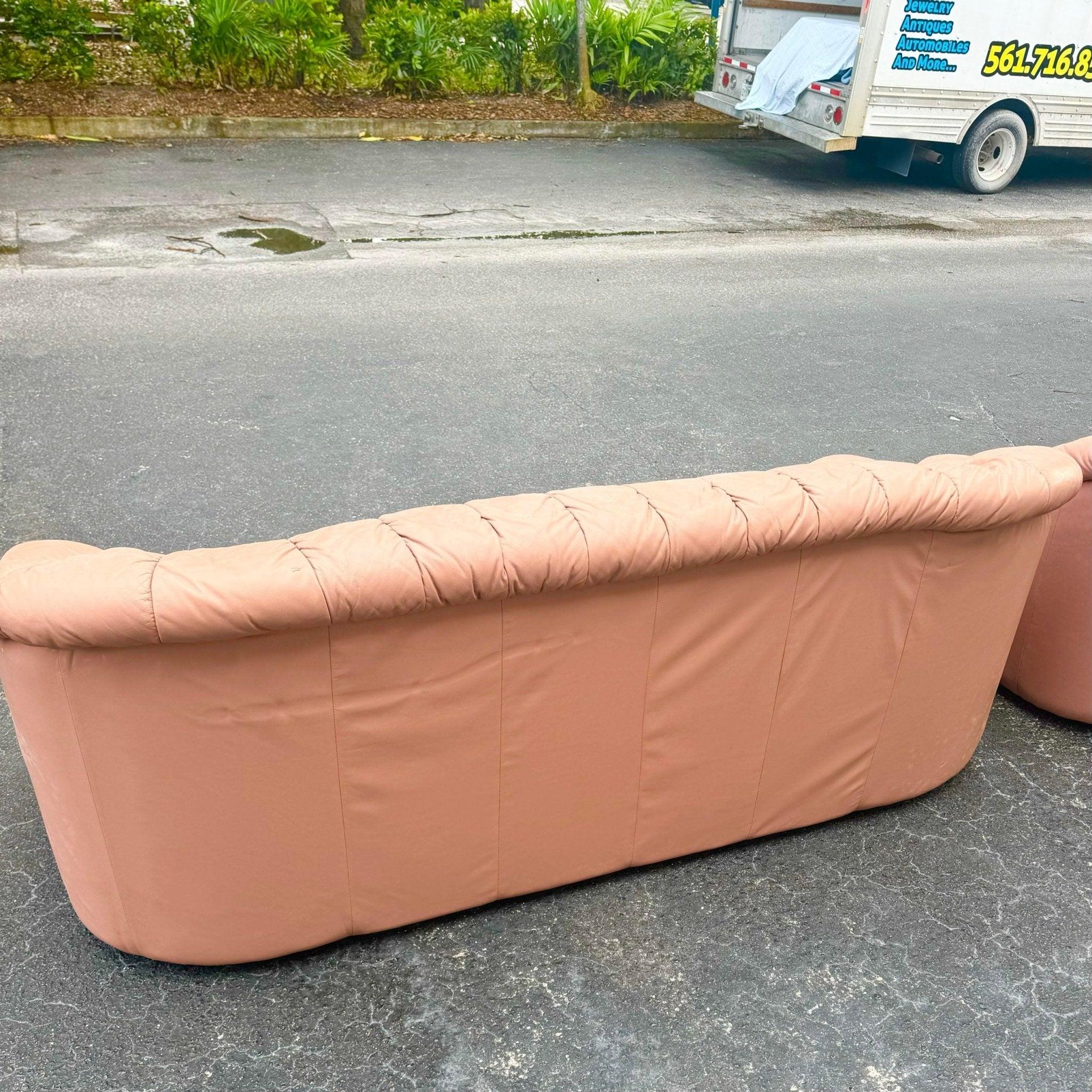 Art Deco Pink Leather Sofa, Love Seat and Lounge Chair Set - 3 Pieces 1