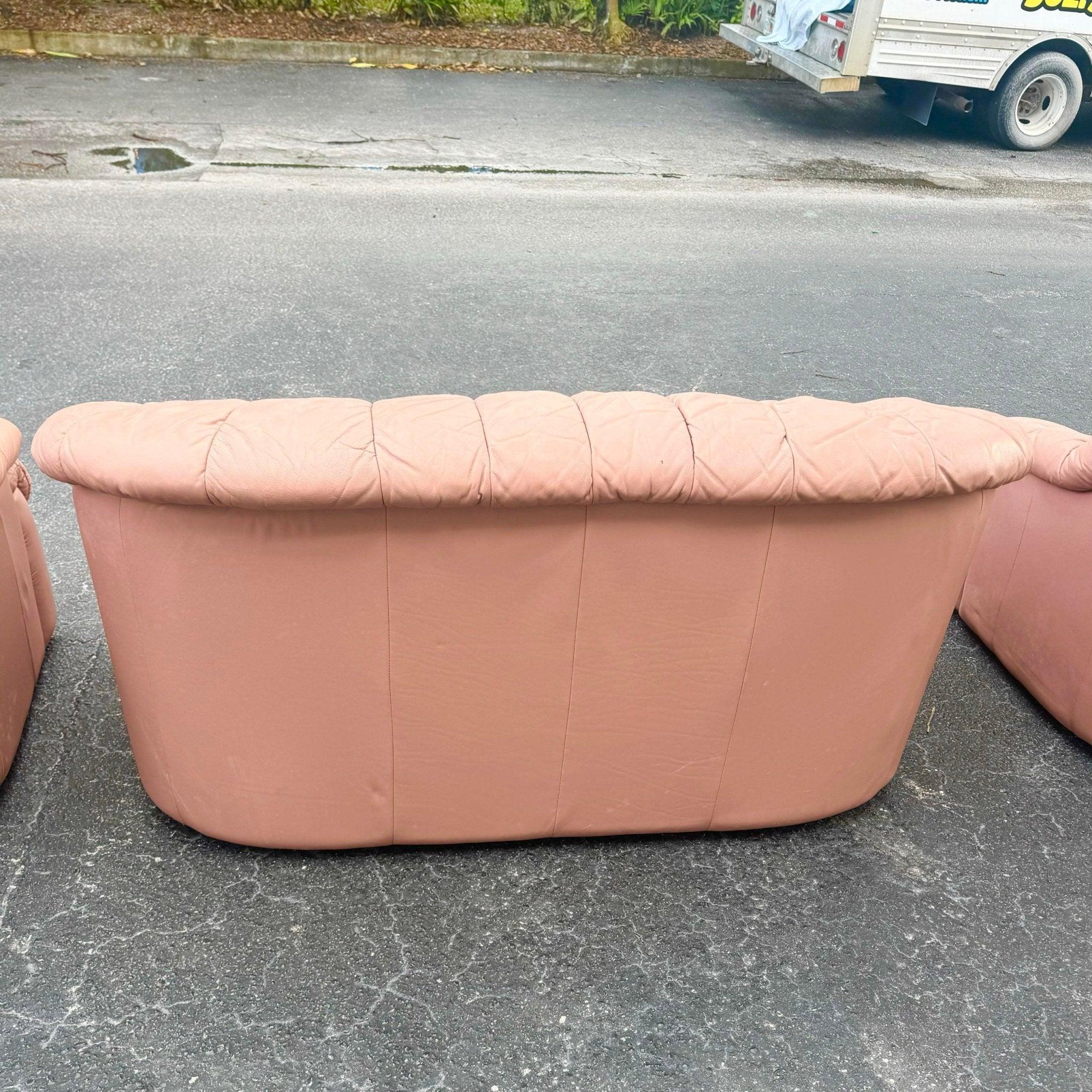 Art Deco Pink Leather Sofa, Love Seat and Lounge Chair Set - 3 Pieces 2