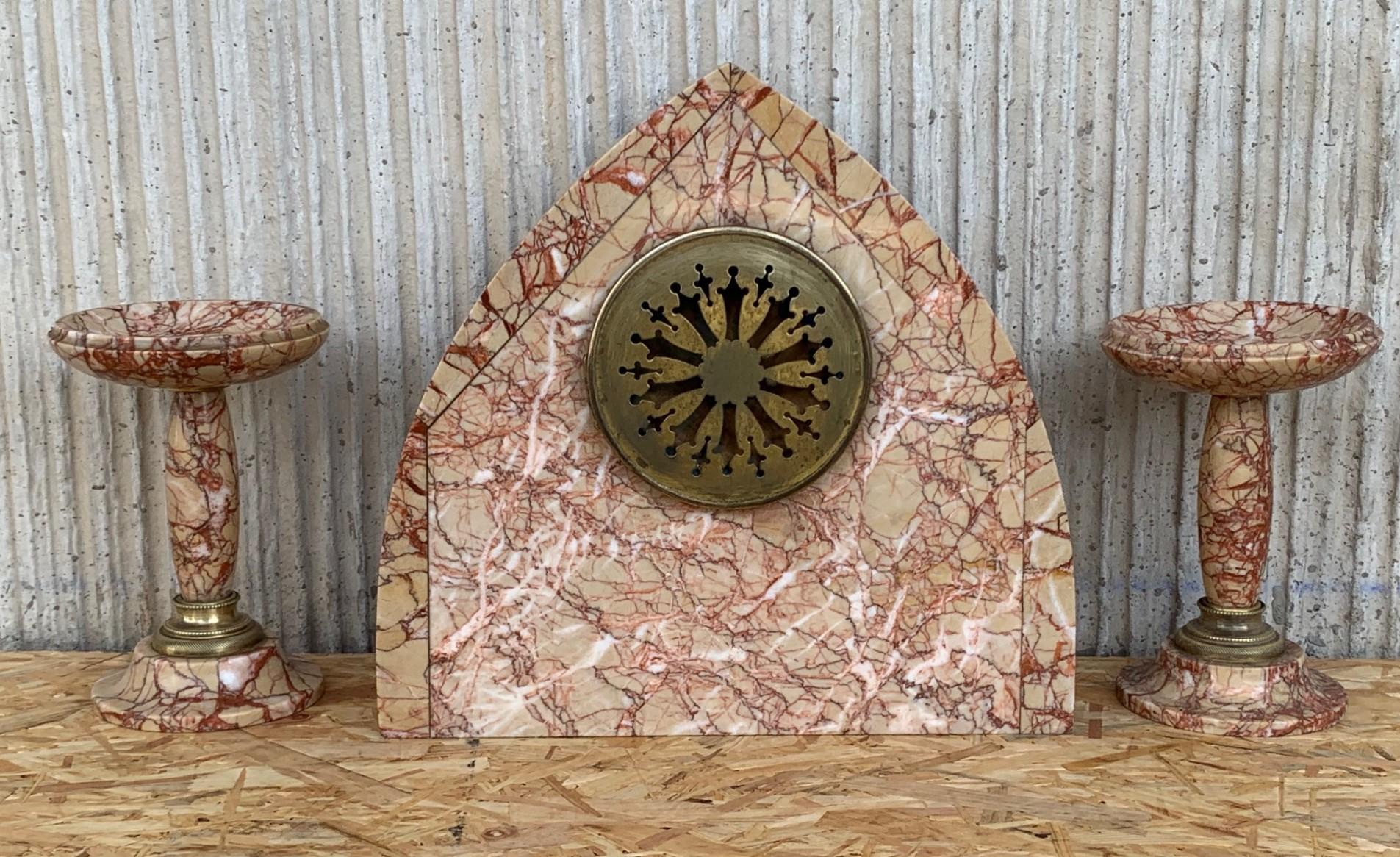 Art Deco Pink Marble Set of Mantle, Desk or Chapel Clock with Bronze Details For Sale 1