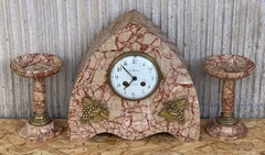 Art Deco Pink Marble Set of Mantle, Desk or Chapel Clock with Bronze Details