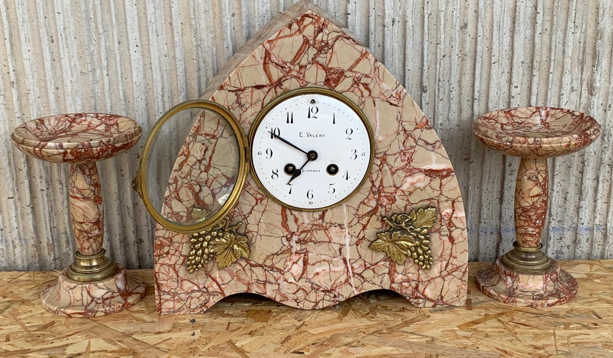 French Art Deco Pink Marble Set of Mantle, Desk or Chapel Clock with Bronze Details For Sale