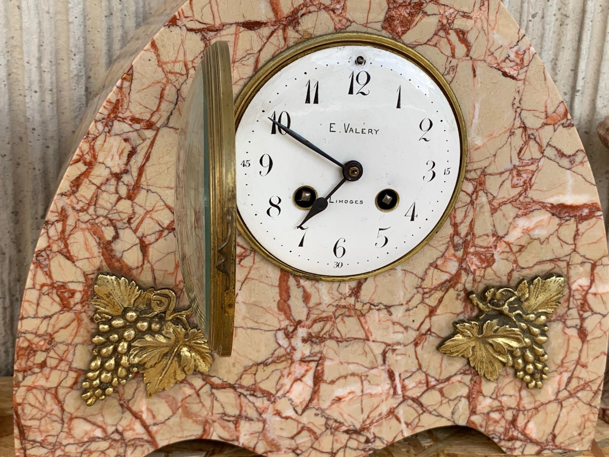Art Deco Pink Marble Set of Mantle, Desk or Chapel Clock with Bronze Details In Good Condition For Sale In Miami, FL