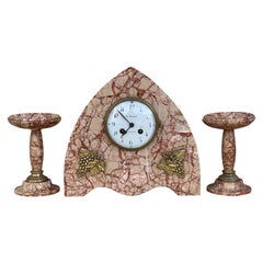 Antique Art Deco Pink Marble Set of Mantle, Desk or Chapel Clock with Bronze Details