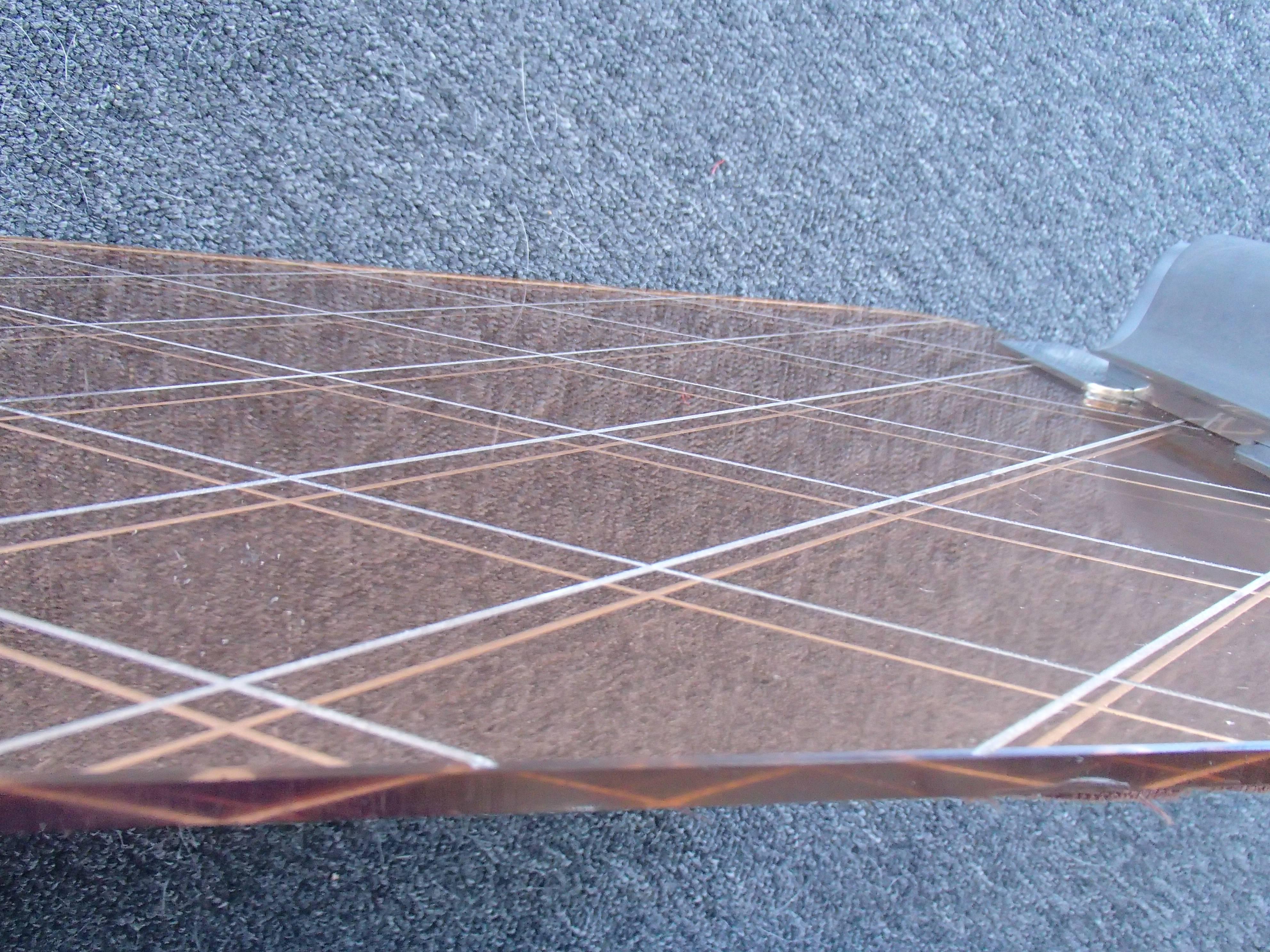 Aluminum Art Deco Pink Mirror Engraved Rhomboids Serving Tray with Aluminium Handles For Sale