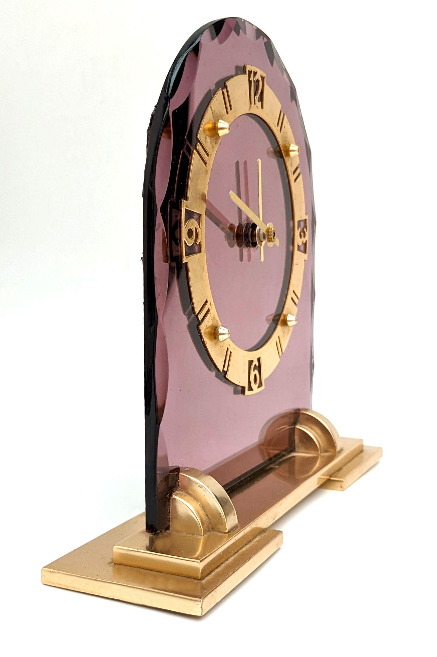 Art Deco Pink Mirror Glass & Brass Clock, English, c1930 In Good Condition For Sale In Devon, England