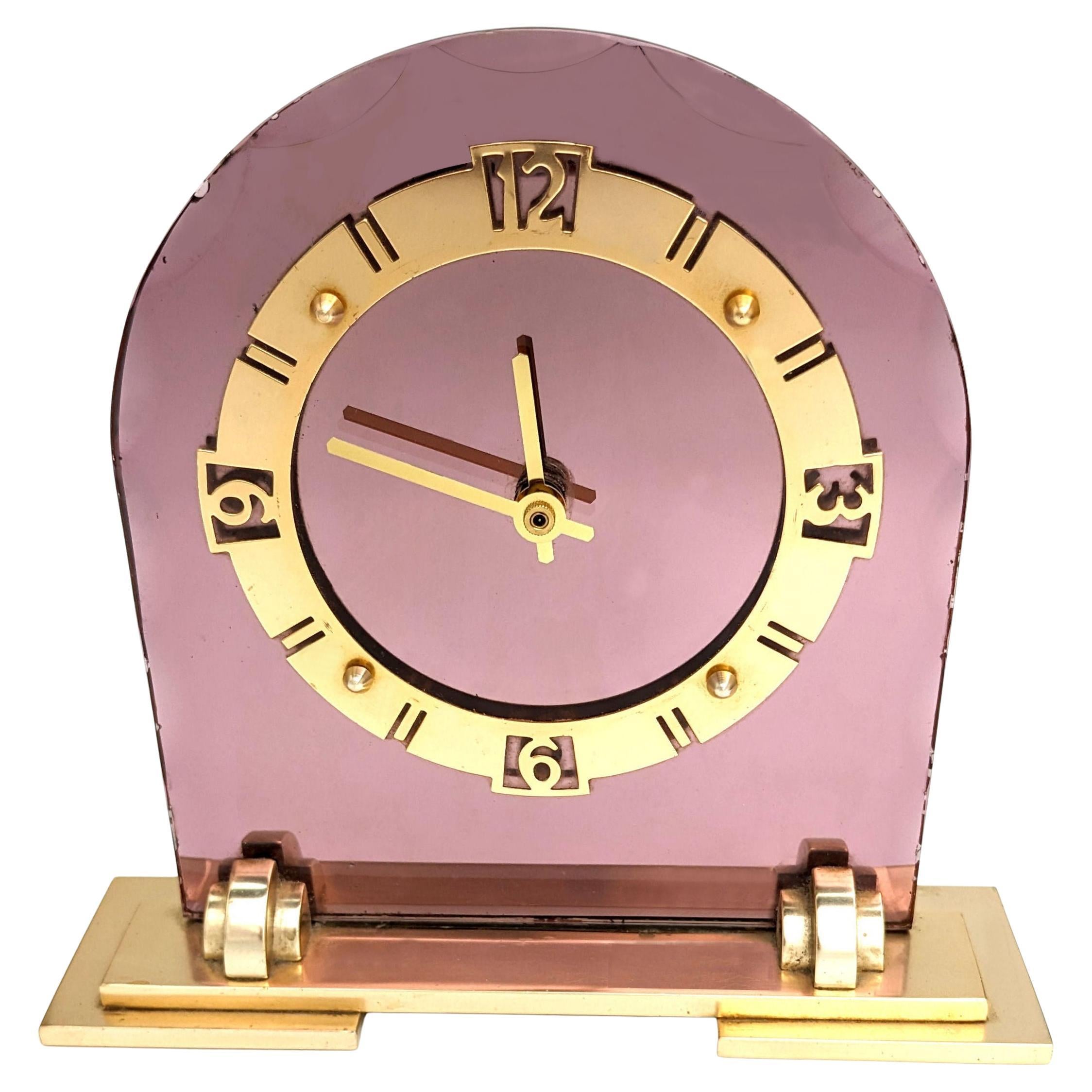 Art Deco Pink Mirror Glass & Brass Clock, English, c1930 For Sale