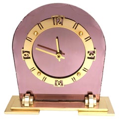 Art Deco Pink Mirror Glass & Brass Clock, English, c1930