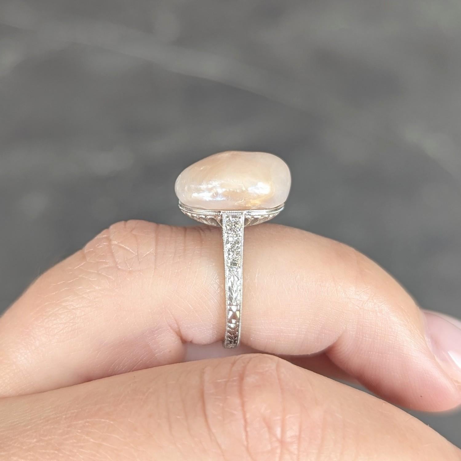 Art Deco Rosa Natürliche Unionidae Perle Diamant Platin Antiker Dinner Ring GIA im Angebot 5