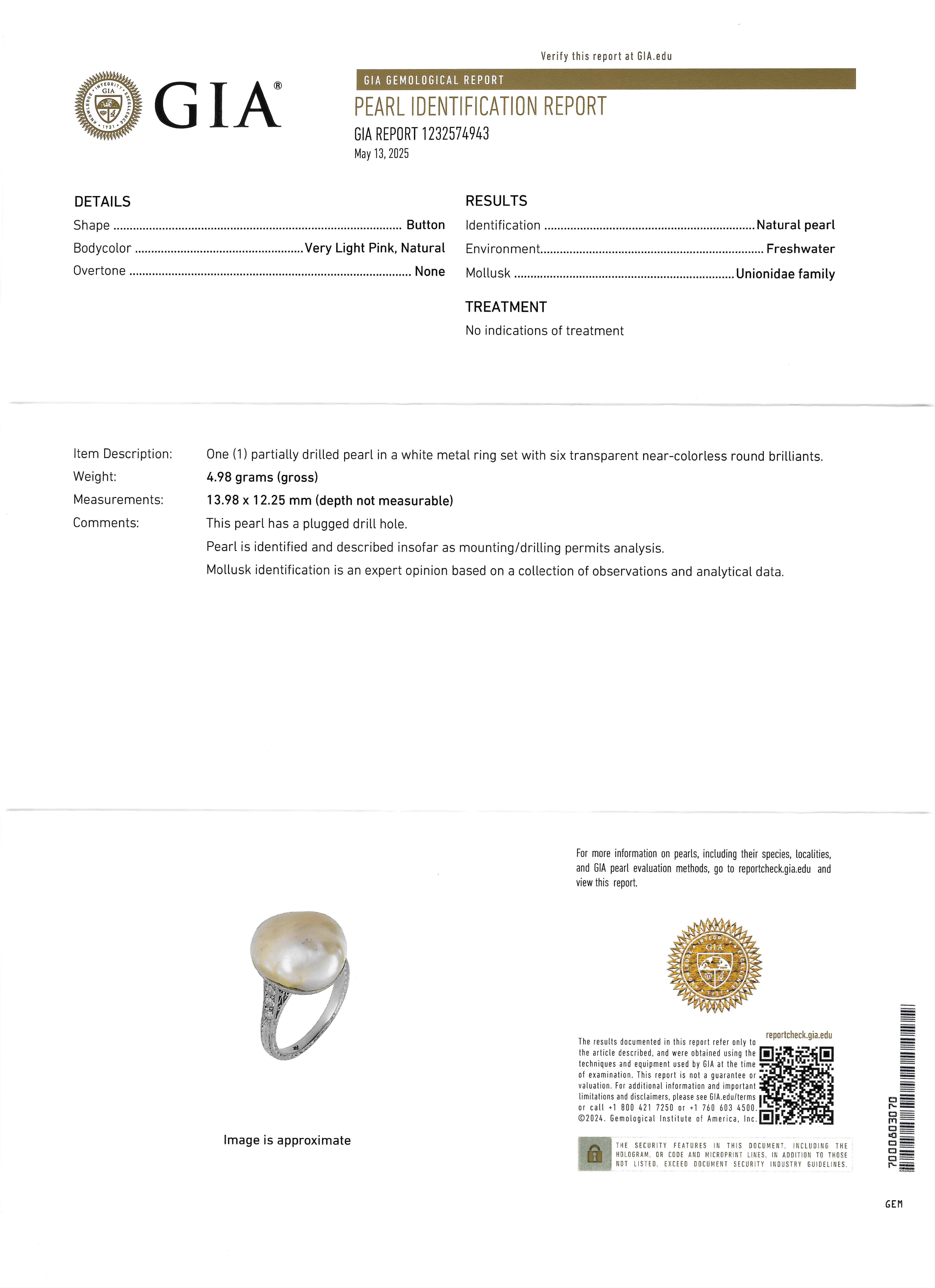 Art Deco Rosa Natürliche Unionidae Perle Diamant Platin Antiker Dinner Ring GIA im Angebot 6