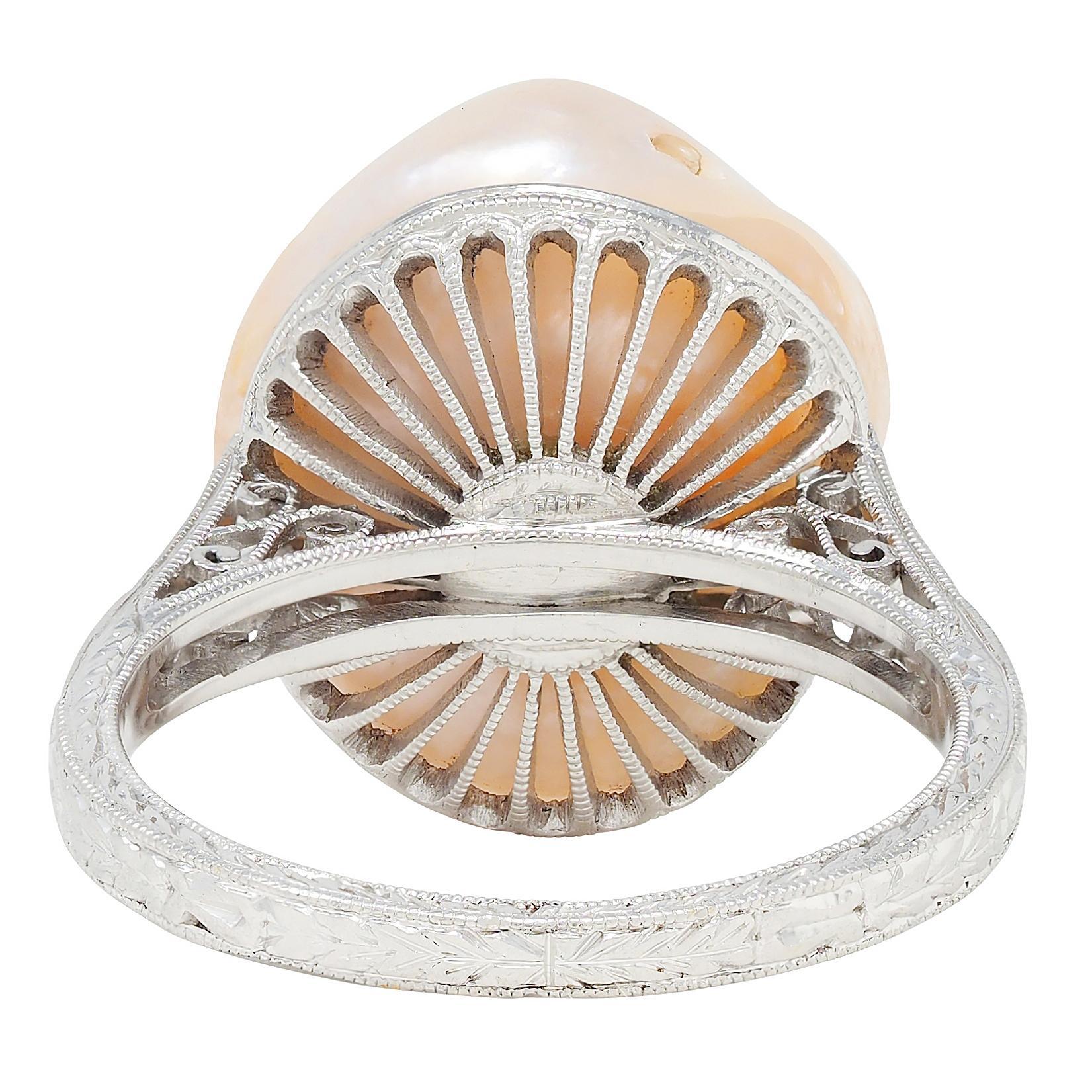 Art Deco Rosa Natürliche Unionidae Perle Diamant Platin Antiker Dinner Ring GIA im Zustand „Hervorragend“ im Angebot in Philadelphia, PA