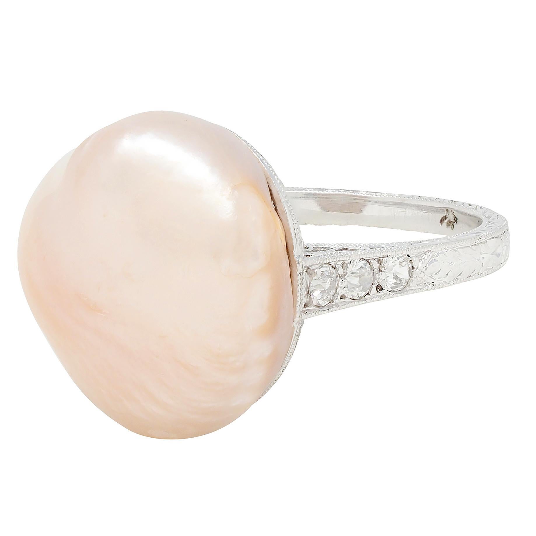 Art Deco Rosa Natürliche Unionidae Perle Diamant Platin Antiker Dinner Ring GIA für Damen oder Herren im Angebot