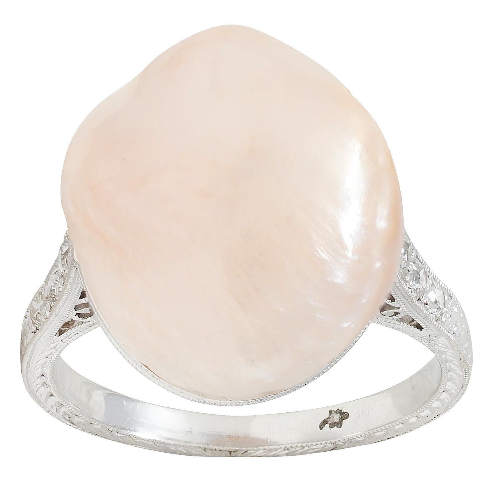 Art Deco Rosa Natürliche Unionidae Perle Diamant Platin Antiker Dinner Ring GIA im Angebot 1
