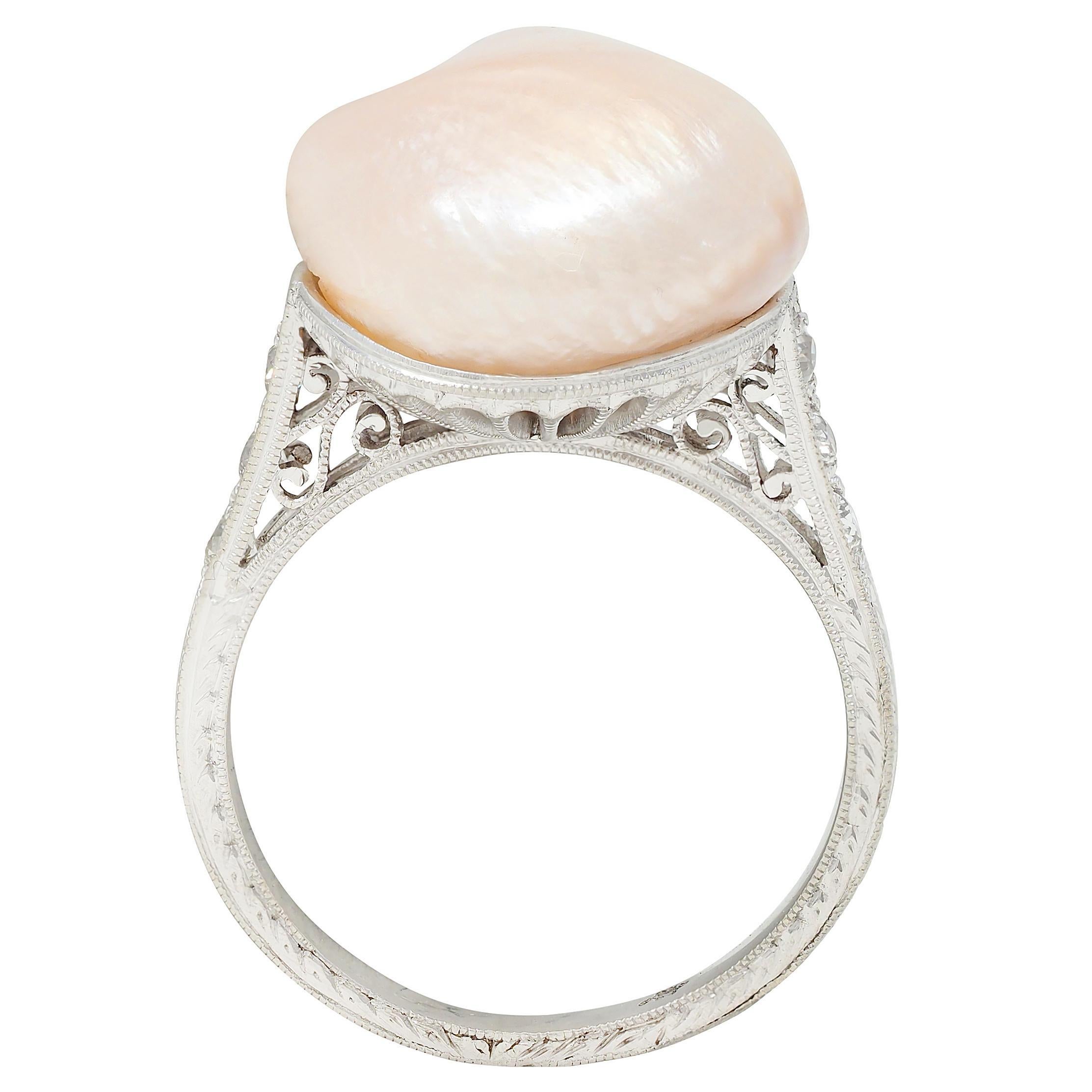 Art Deco Rosa Natürliche Unionidae Perle Diamant Platin Antiker Dinner Ring GIA im Angebot 2