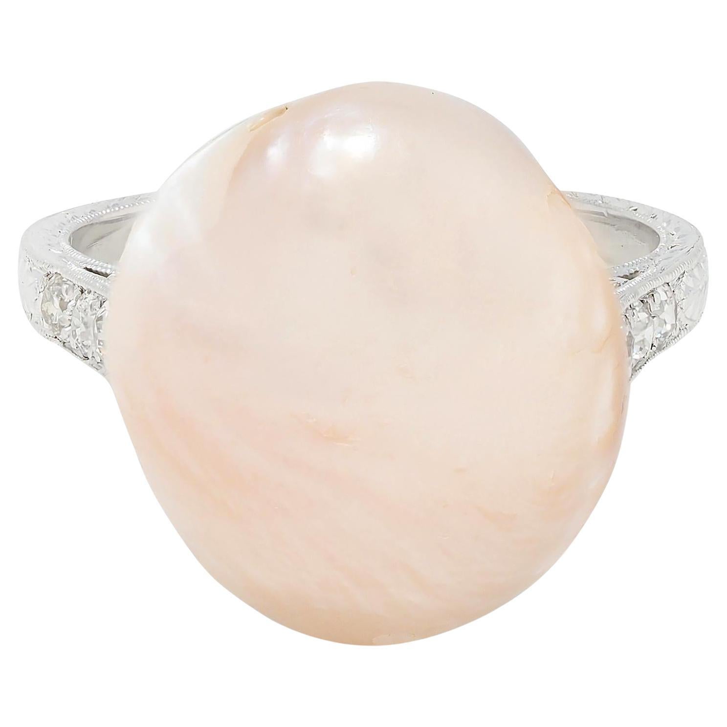 Art Deco Pink Natural Unionidae Pearl Diamond Platinum Antique Dinner Ring GIA