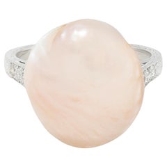 Art Deco Pink Natural Unionidae Pearl Diamond Platinum Antique Dinner Ring GIA
