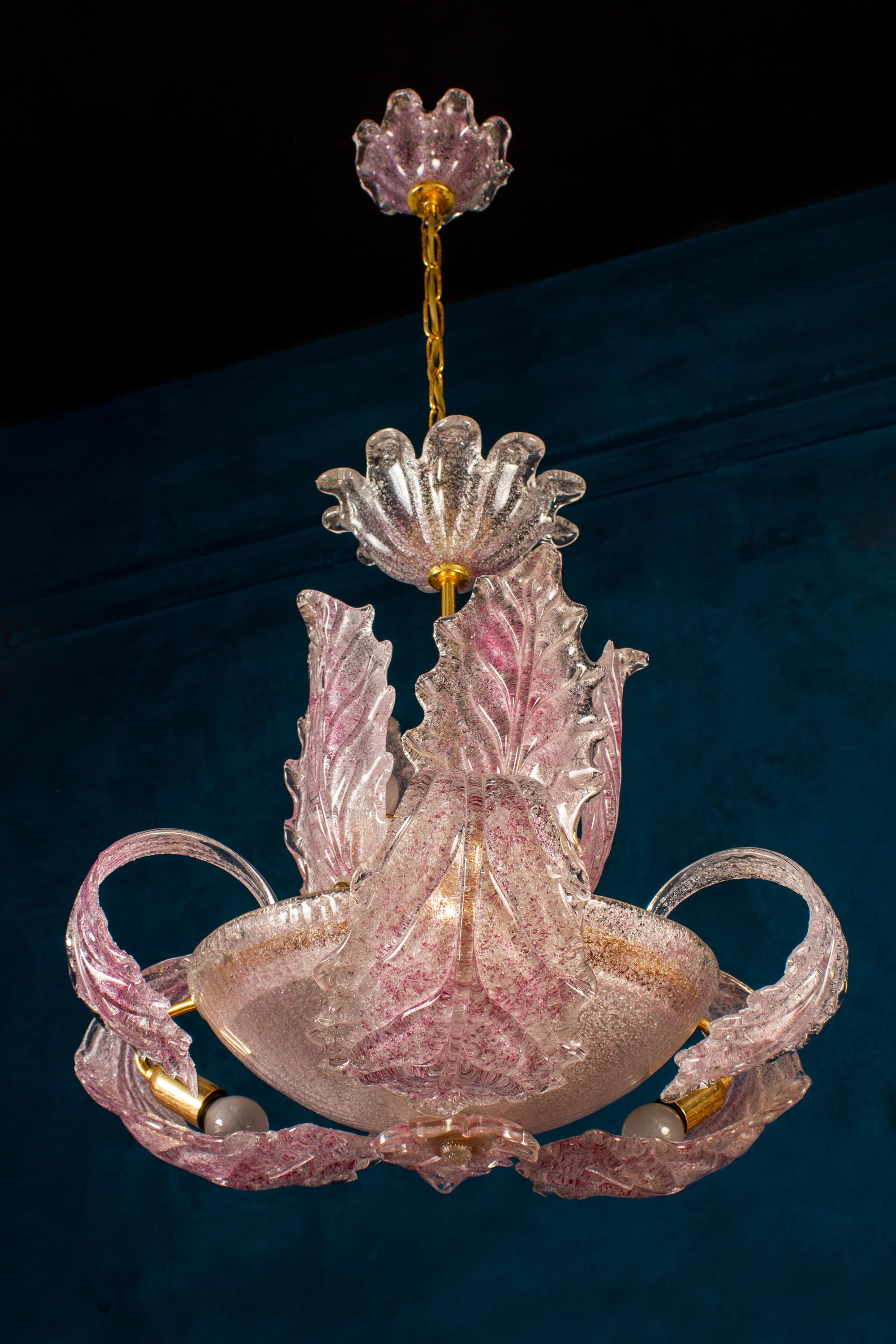Art Deco Pink Ninfea Murano Glass Chandelier by Barovier Italy, 1940 For Sale 4