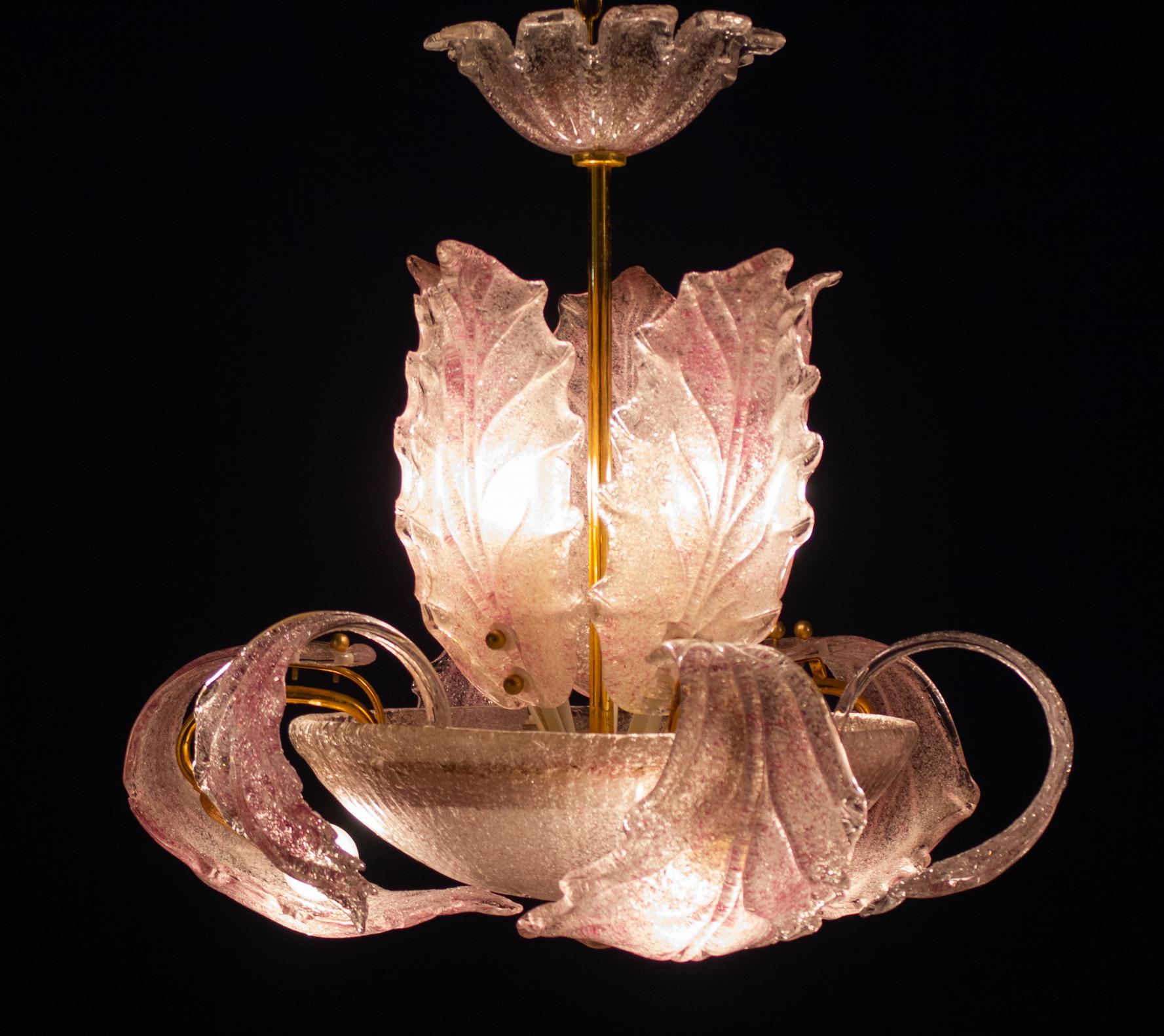 Blown Glass Art Deco Pink Ninfea Murano Glass Chandelier by Barovier Italy, 1940 For Sale