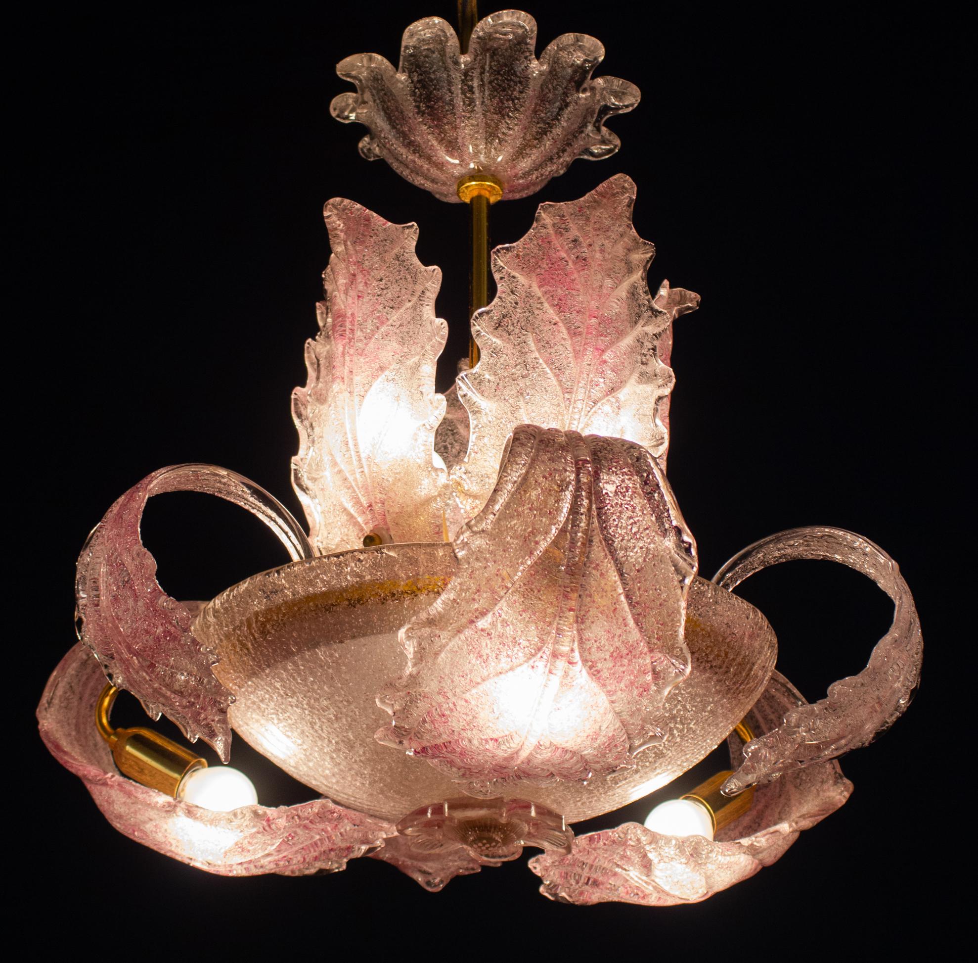 Art Deco Pink Ninfea Murano Glass Chandelier by Barovier Italy, 1940 For Sale 1