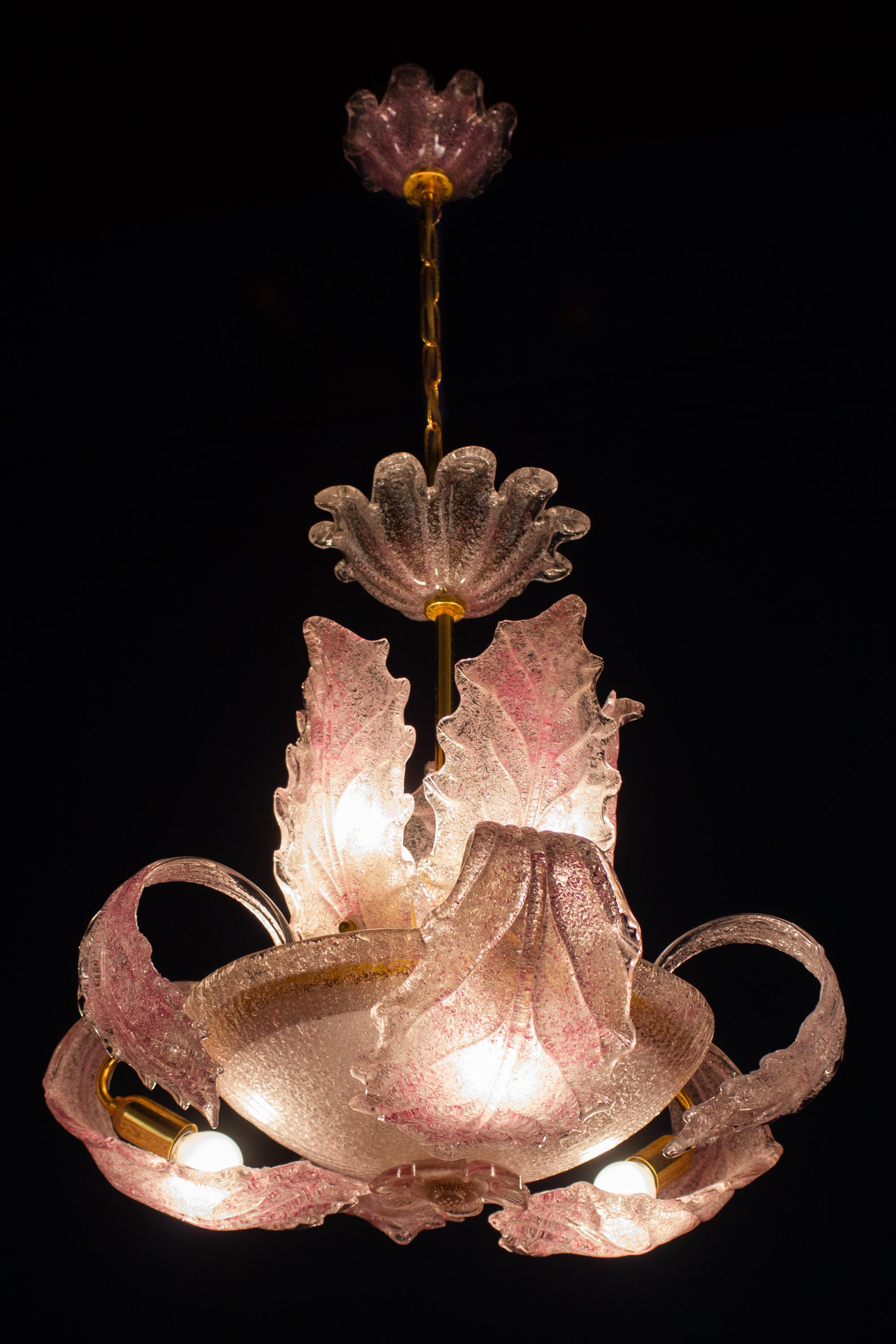 Art Deco Pink Ninfea Murano Glass Chandelier by Barovier Italy, 1940 For Sale 3