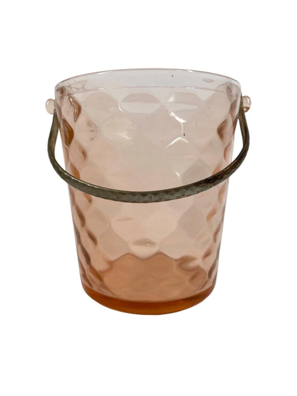 American Art Deco Pink Optic Diamond Glass Ice Bucket & Tongs by Fenton Glass For Sale