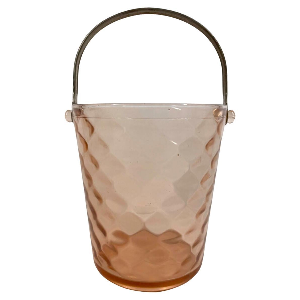 Art Deco Pink Optic Diamond Glass Ice Bucket & Tongs by Fenton Glass For Sale
