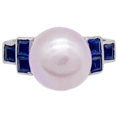 Ring aus Weißgold mit rosa Perle und Saphir im Art déco-Stil
