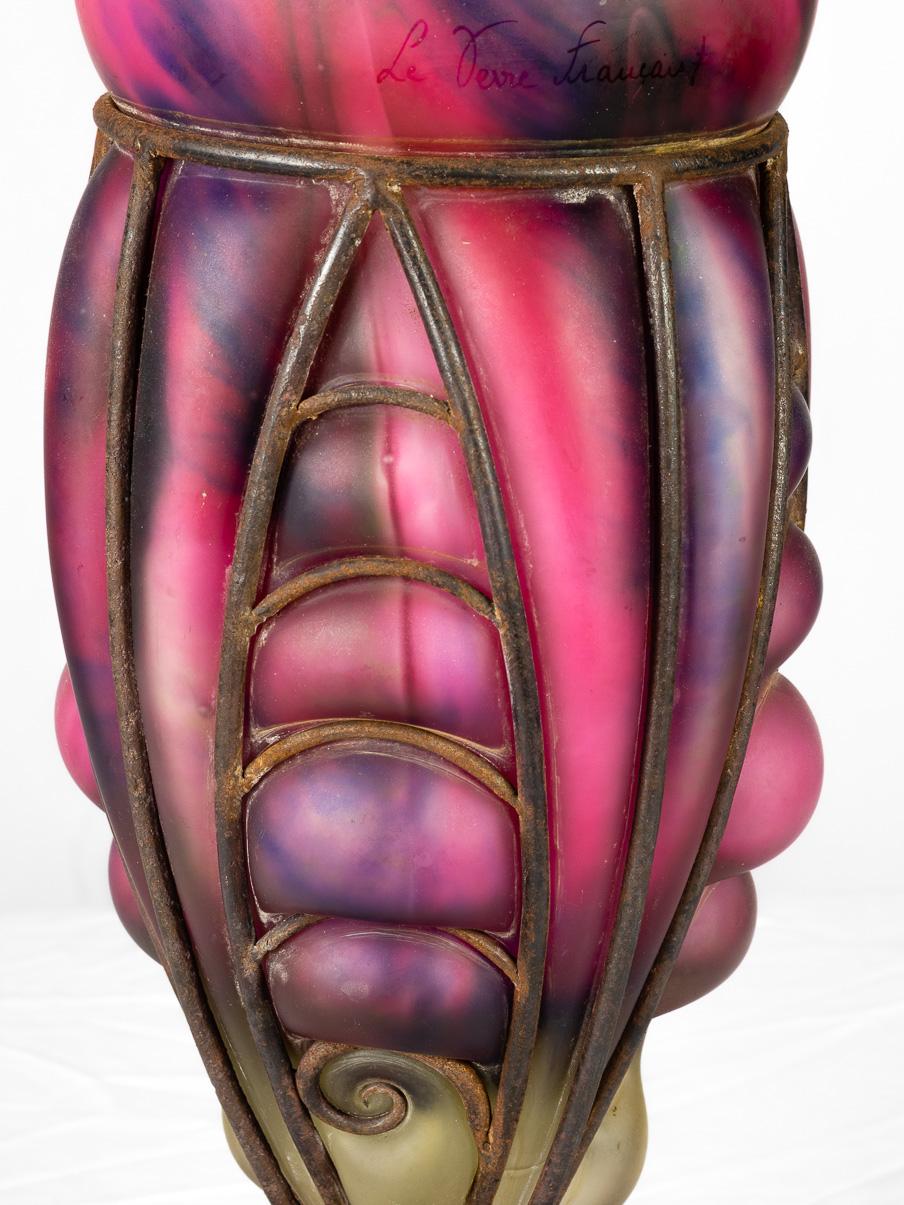 Patinated Art Deco Pink Purple Glass Vase, Charles Schneider, Le Verre Français For Sale