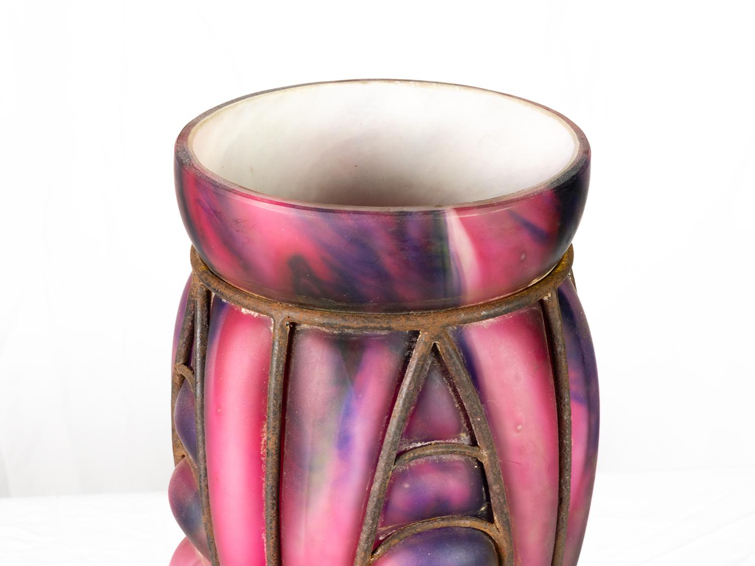 Metal Art Deco Pink Purple Glass Vase, Charles Schneider, Le Verre Français For Sale