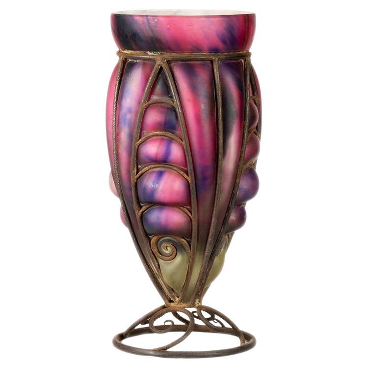 Art Deco Pink Purple Glass Vase, Charles Schneider, Le Verre Français For Sale