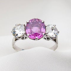 Art Deco Pink Sapphire and Diamond Three-Stone Platinum Linear Ring
