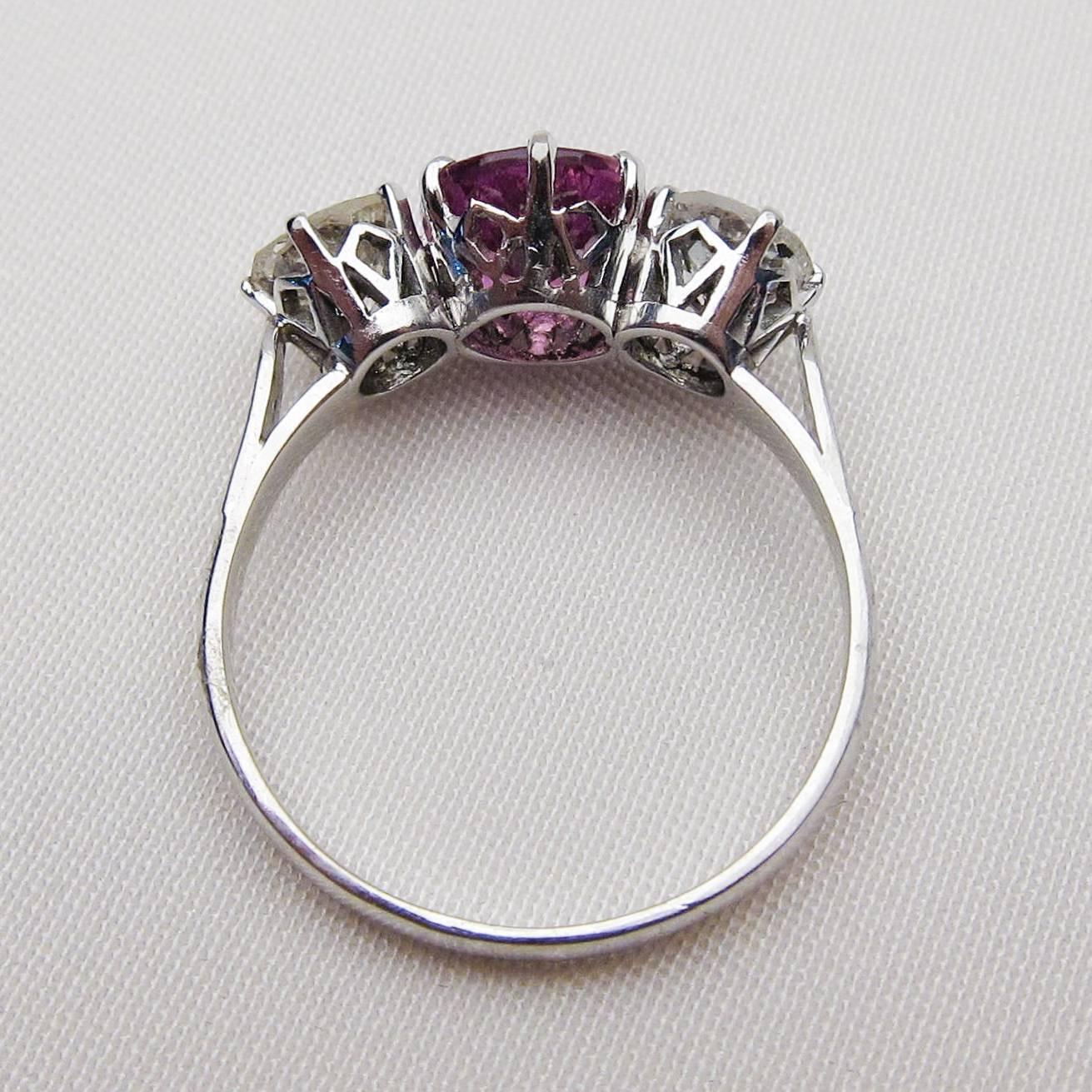 Women's Art Deco Pink Sapphire and Diamond Three-Stone Platinum Linear Ring For Sale