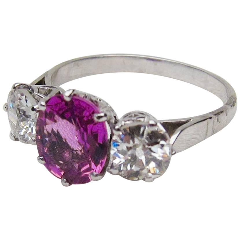 Art Deco Pink Sapphire and Diamond Three-Stone Platinum Linear Ring For Sale