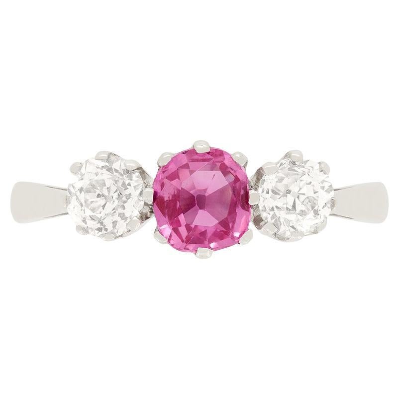Art Deco Pink Sapphire and Diamond Three Stone Ring, circa 1920s For Sale