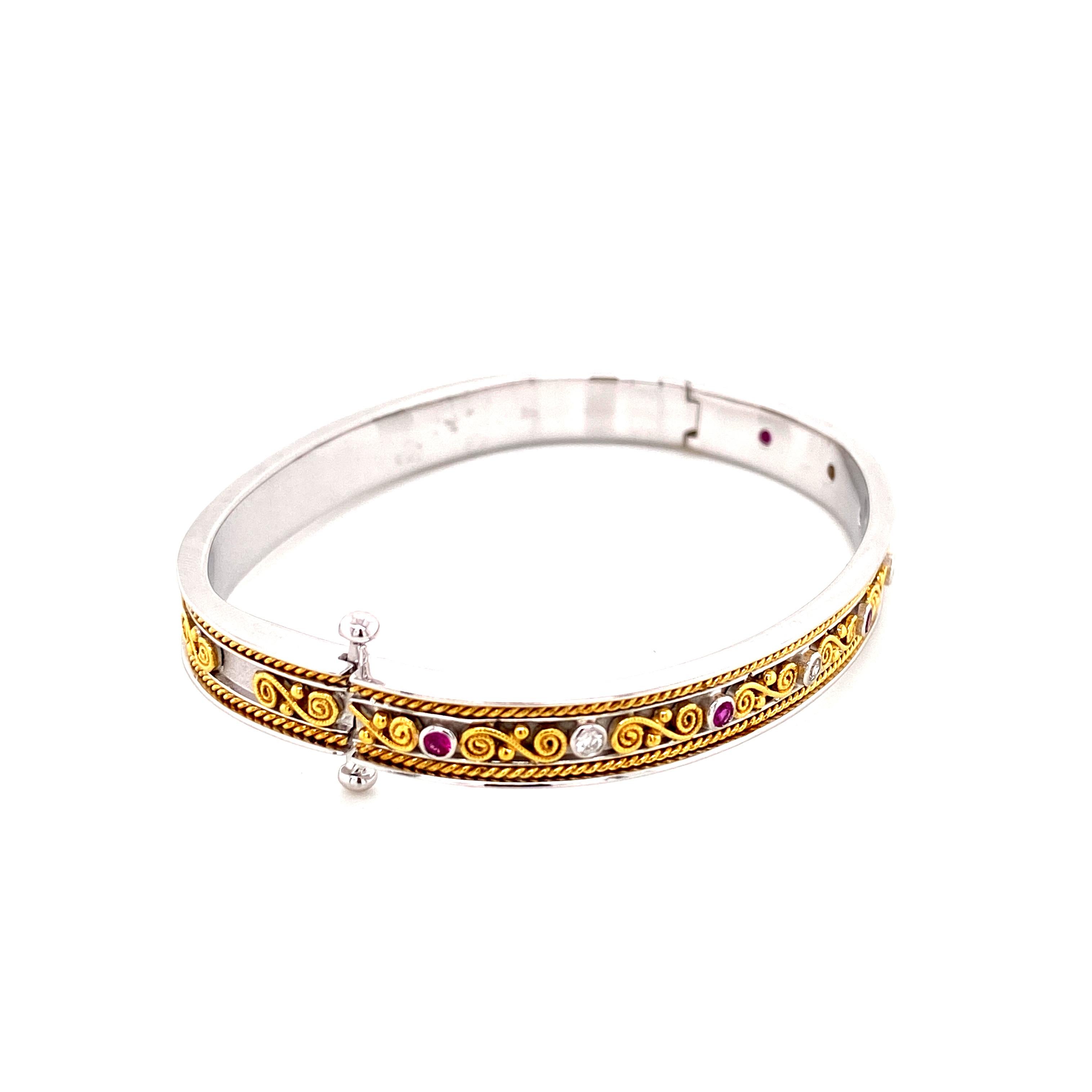 Round Cut Art Deco Style Pink Sapphire and White Diamond Gold Bangle For Sale