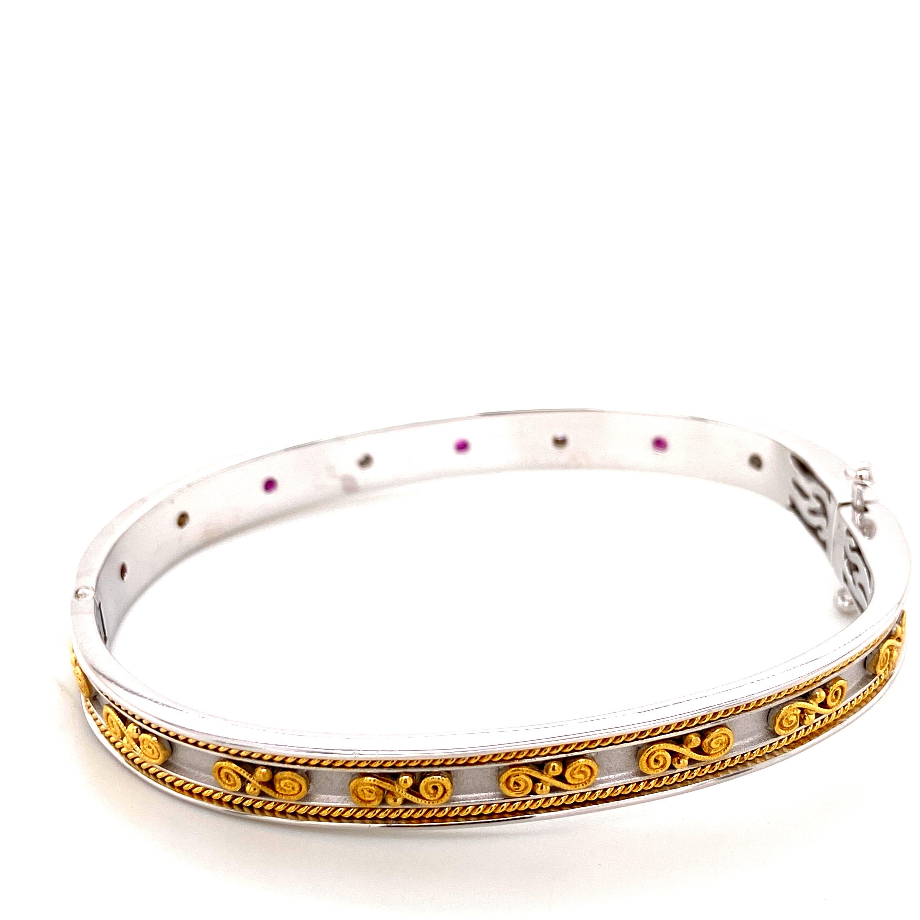 Women's or Men's Art Deco Style Pink Sapphire and White Diamond Gold Bangle For Sale