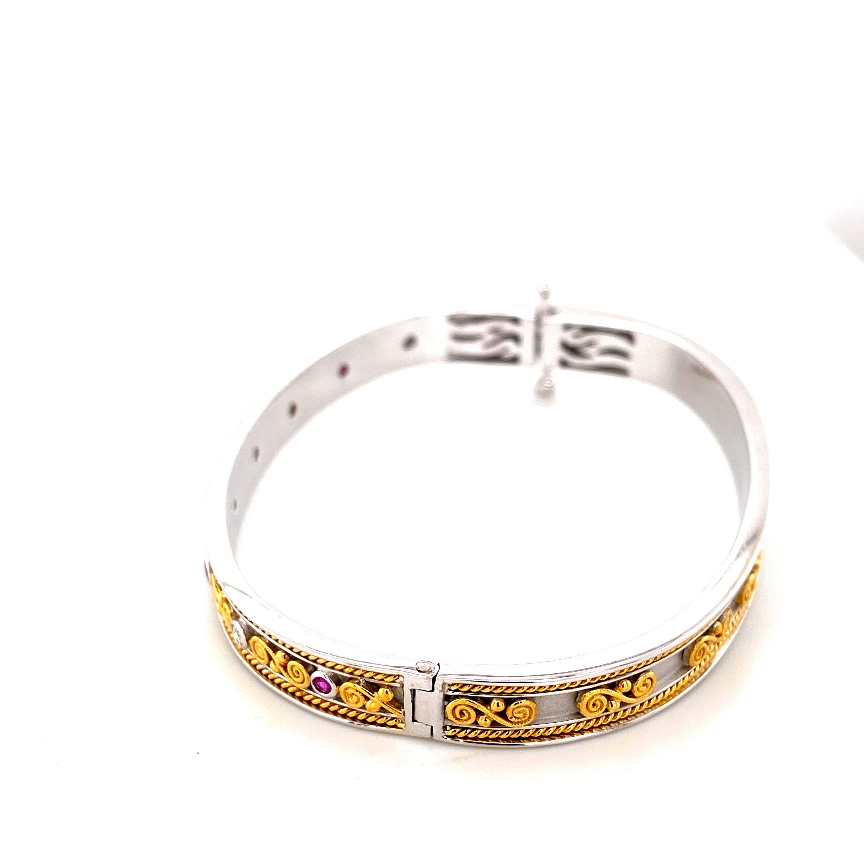 Art Deco Style Pink Sapphire and White Diamond Gold Bangle For Sale 1