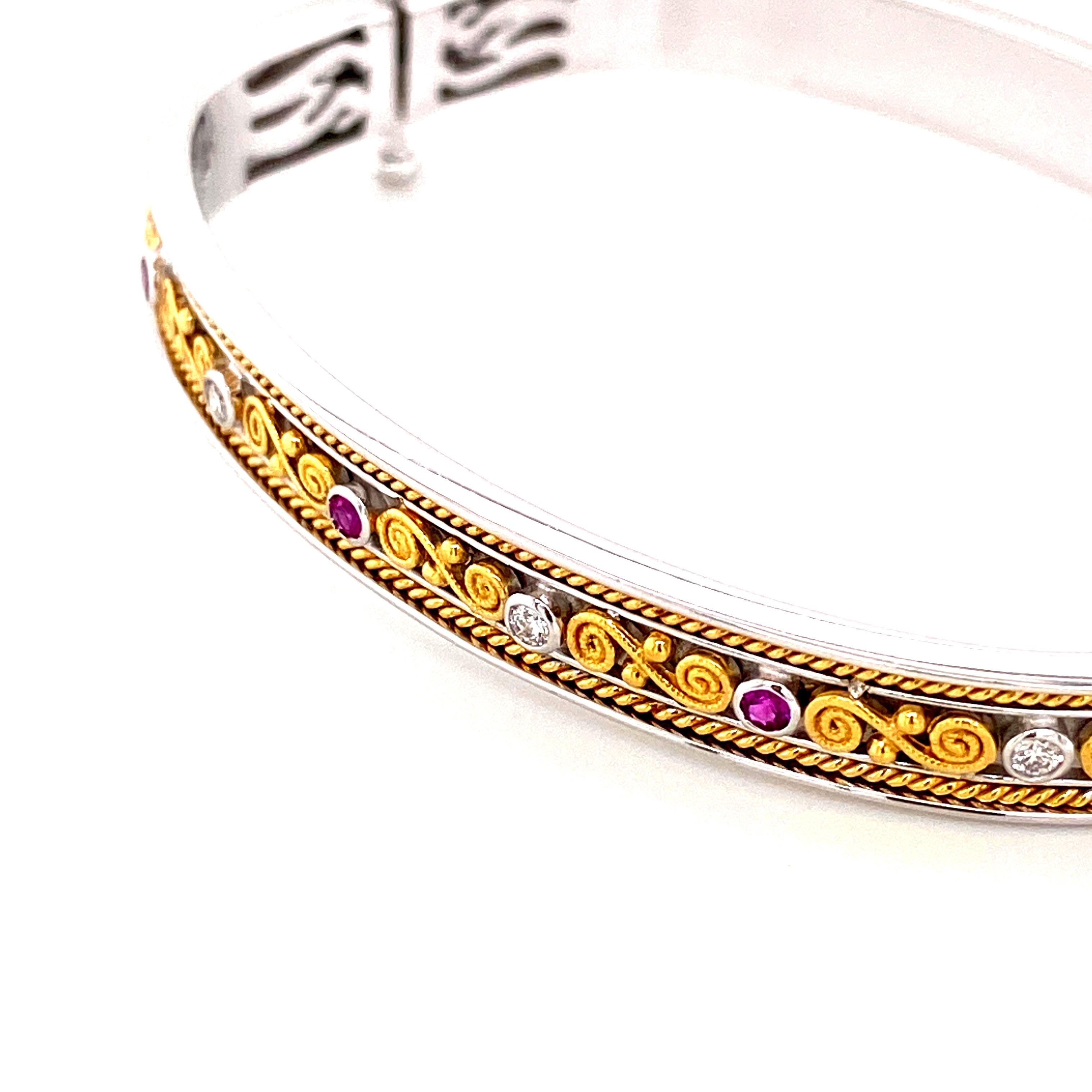 Art Deco Style Pink Sapphire and White Diamond Gold Bangle For Sale 2