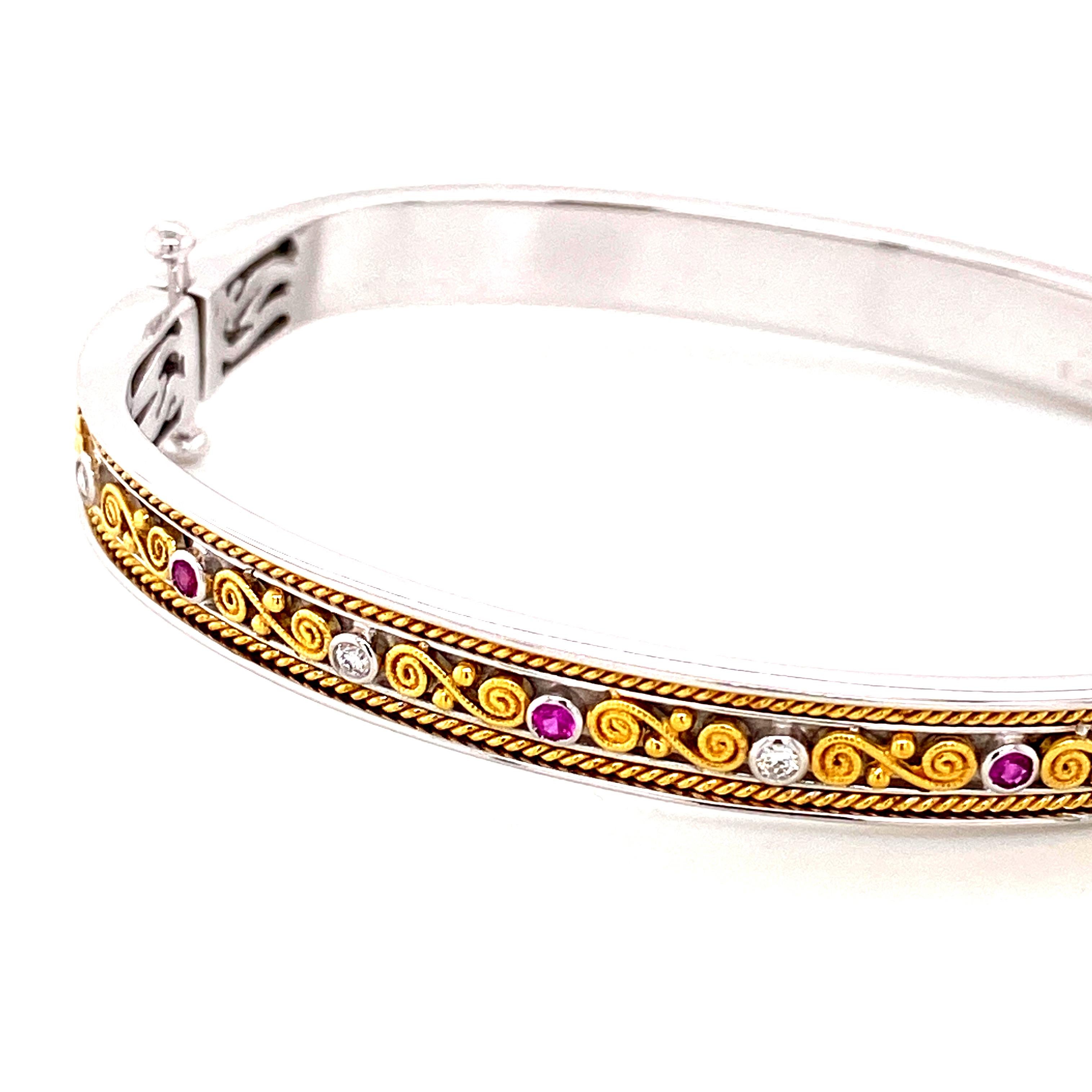 Art Deco Style Pink Sapphire and White Diamond Gold Bangle For Sale 3
