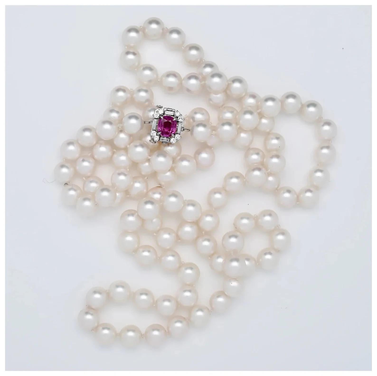 Round Cut Art Deco Pink Sapphire, & Diamond Pearl Necklace